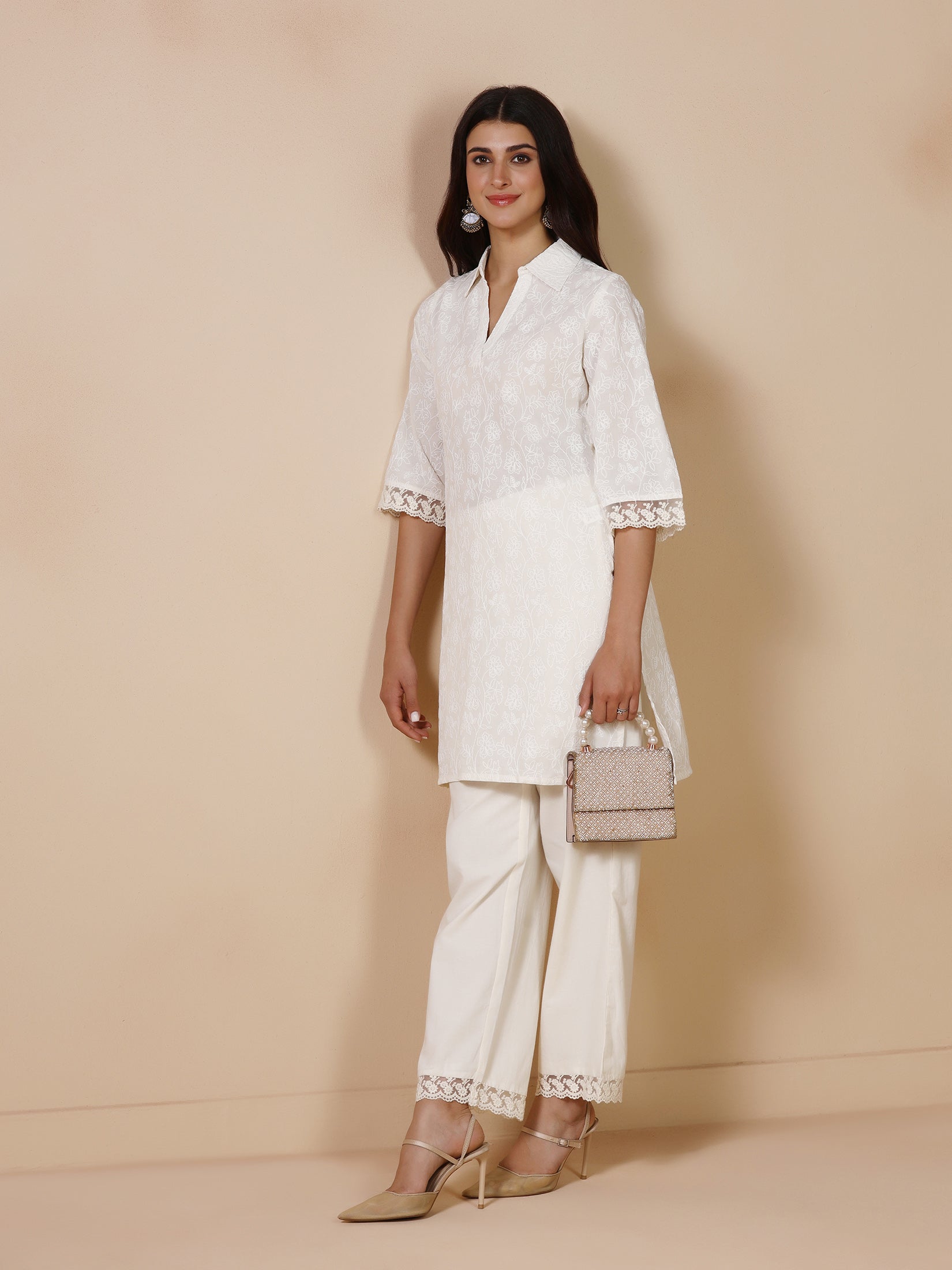 Women Cotton Off White Embroidered Co Ord Set