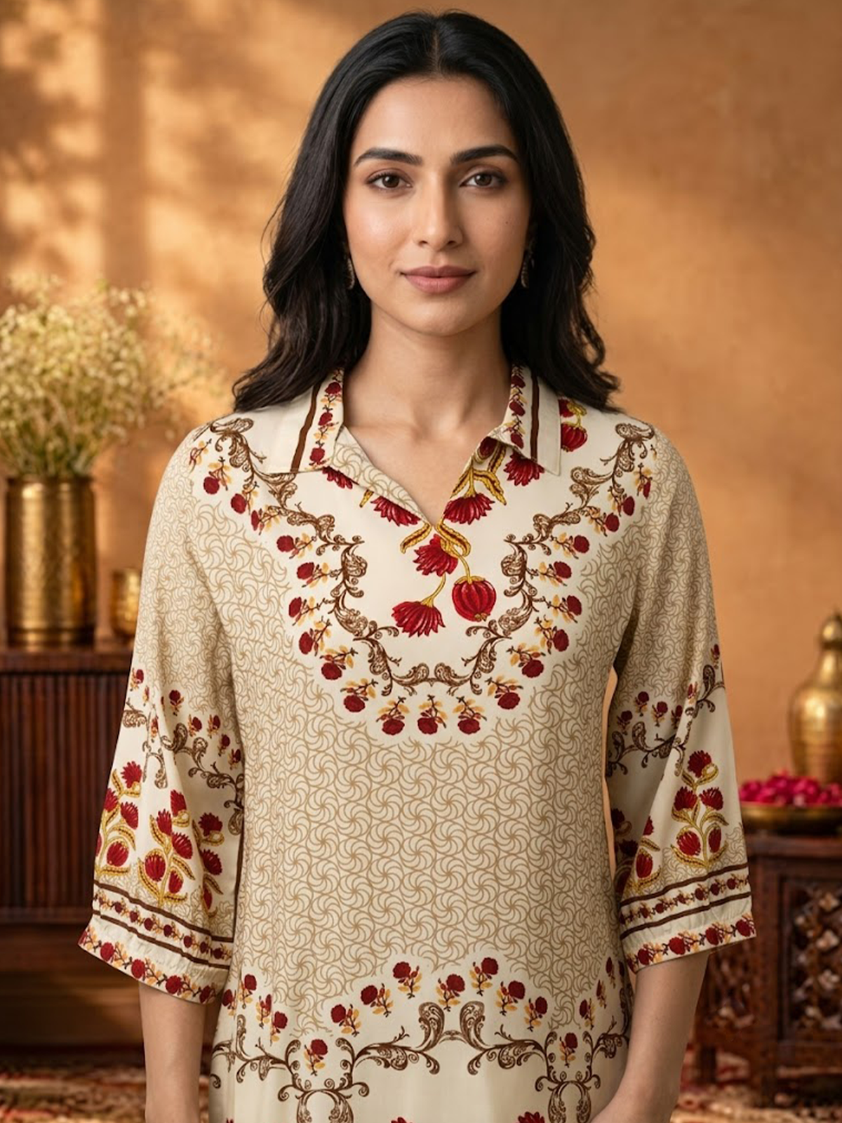 Women Off White Rayon Floral Tunic
