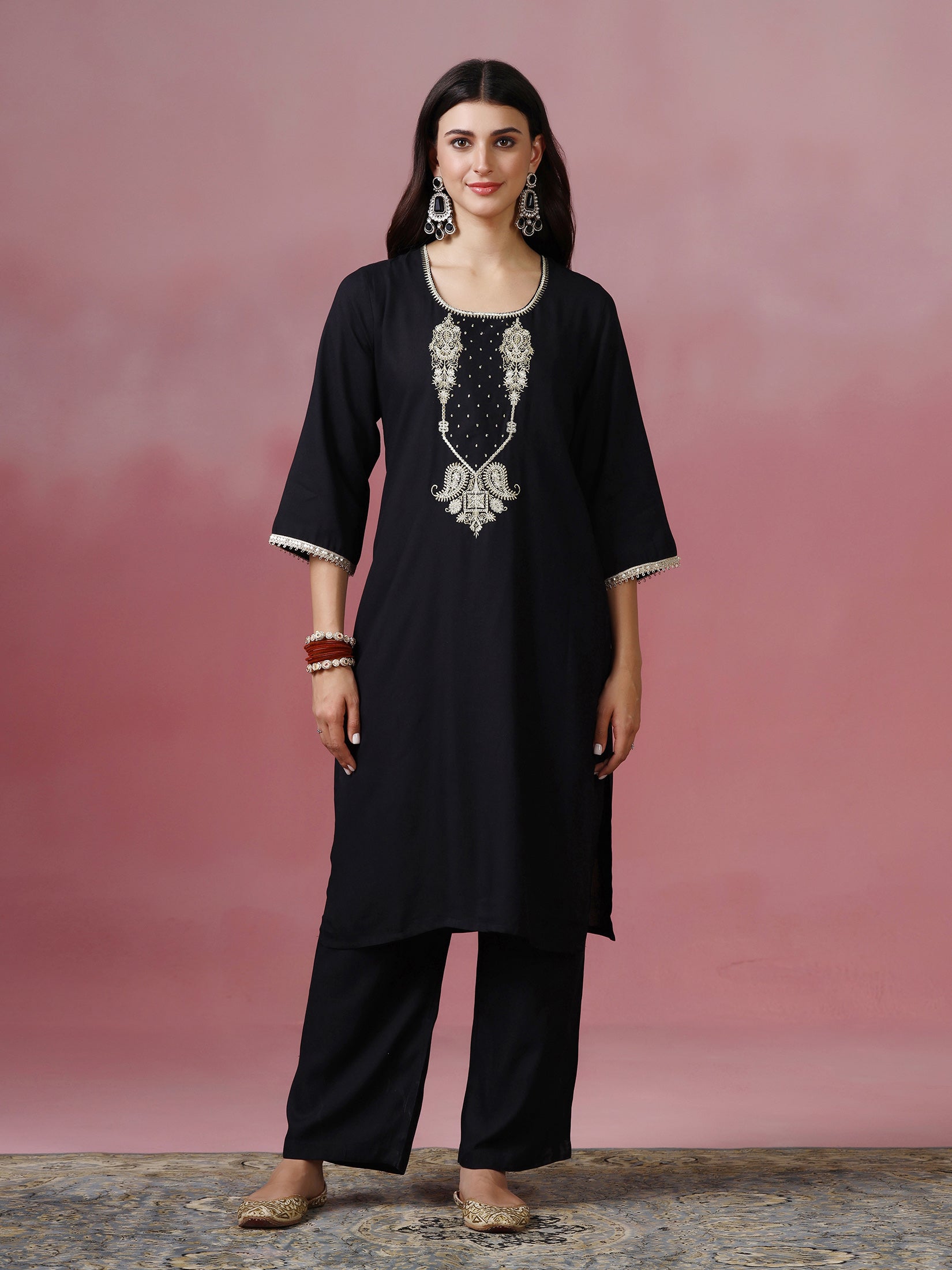 Women Liva Black Embroidered Kurta Comfort Pant Dupatta