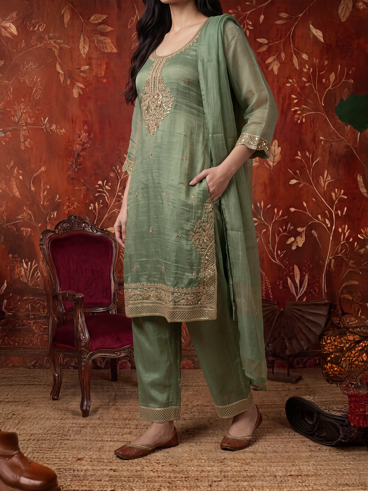 Women Olive Poly Viscose Tissue Embroidered Kurta Palazzo Dupatta