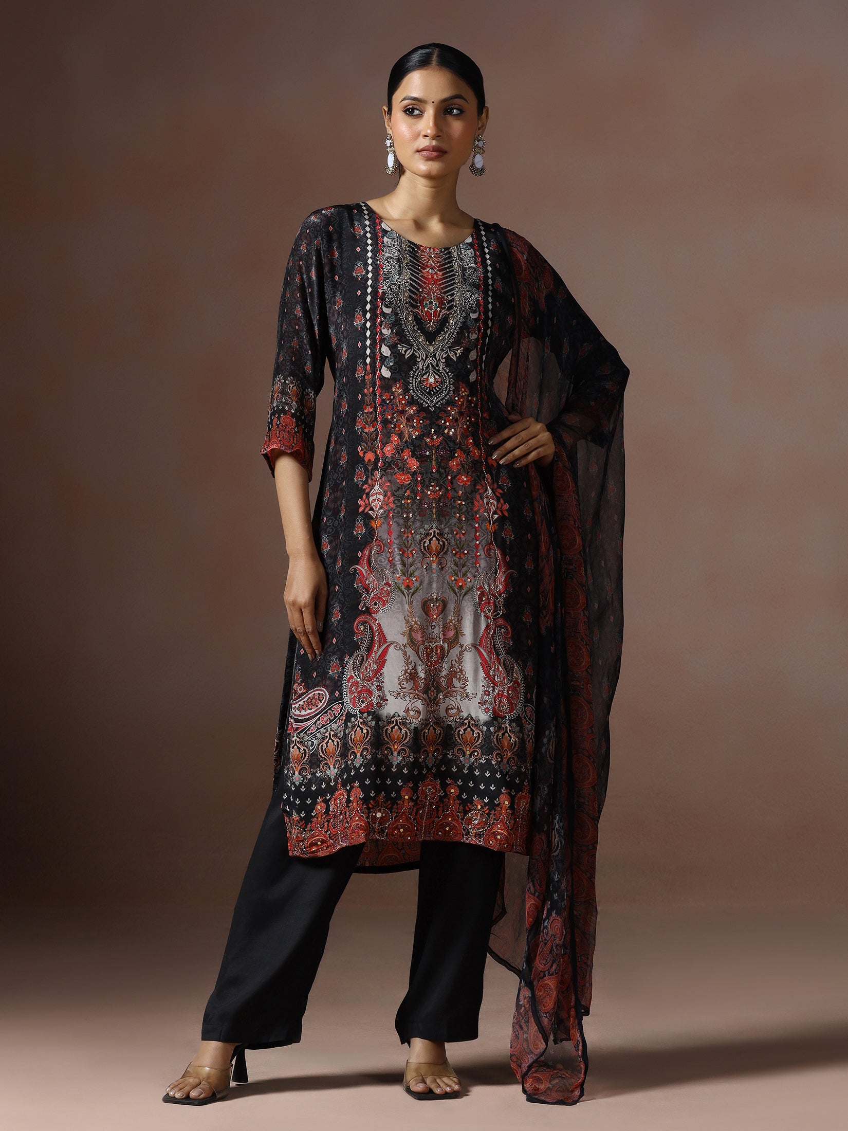 Women Natural Crepe Black Printed Kurta Comfort Pant Dupatta