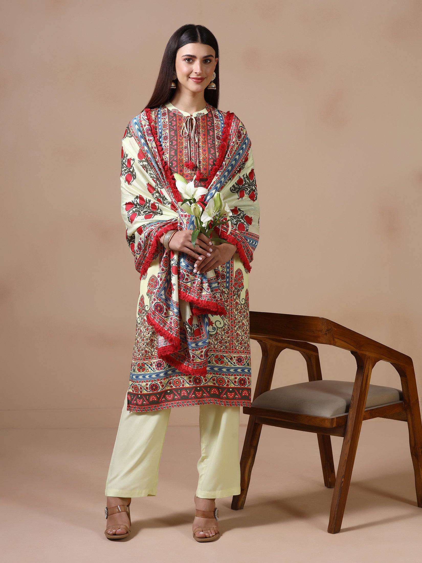 Women Liva Lime Yellow Printed Kurta Comfort Pant Dupatta