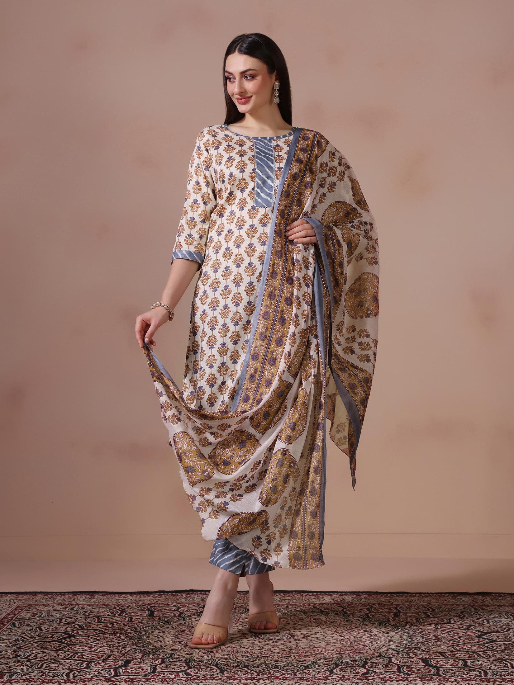 Women Cotton Cream Printed Kurta Trouser Dupatta.