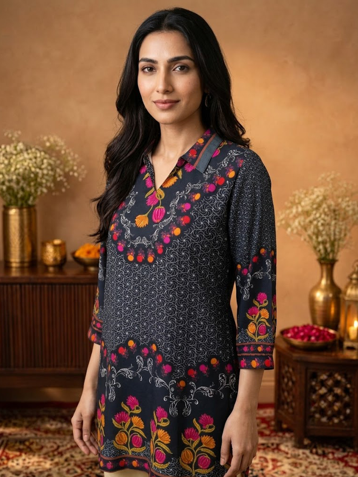 Women Black Rayon Floral Tunic