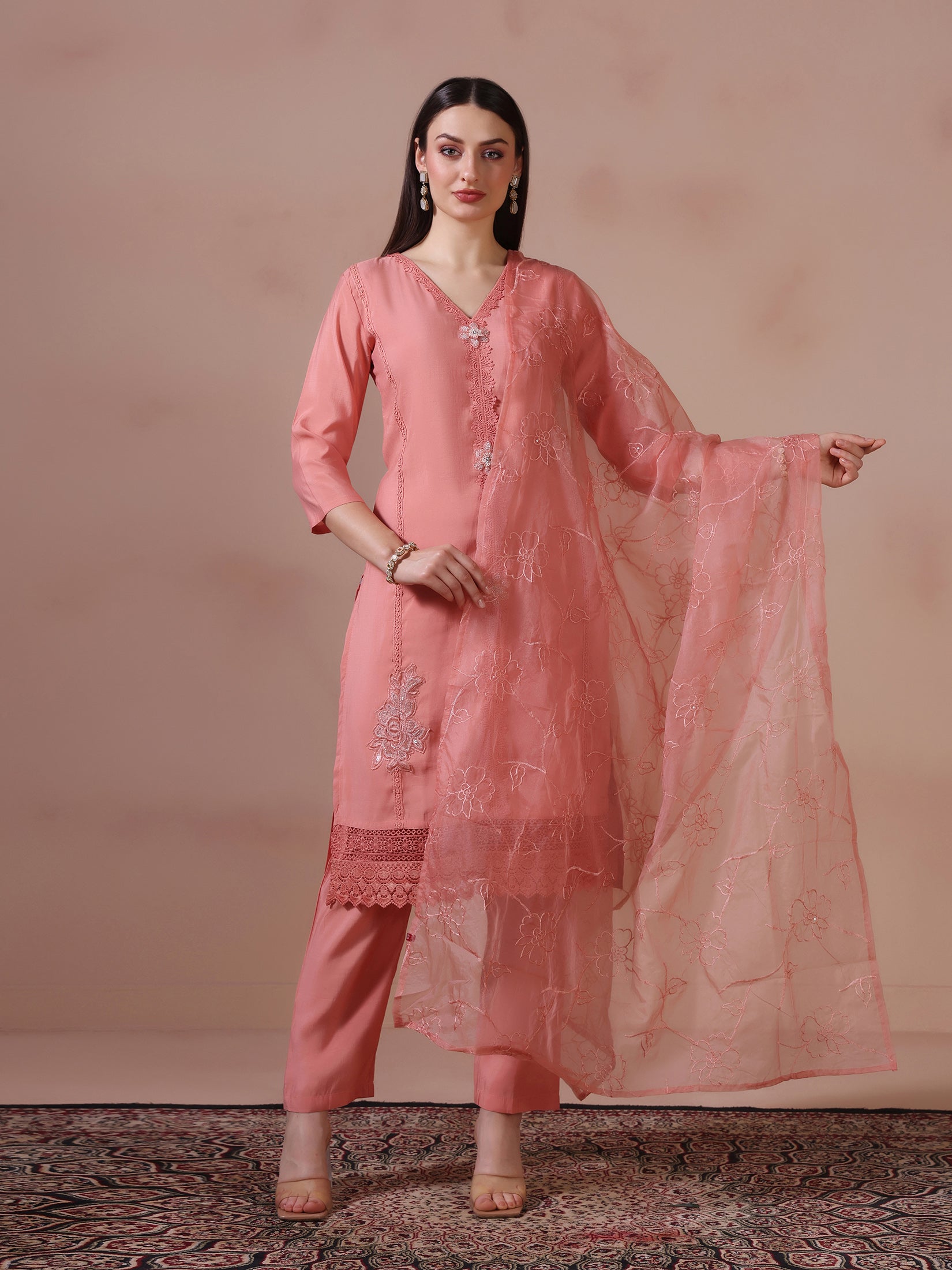 Women Mul Chanderi Peach Embroidered Kurta Trouser Dupatta