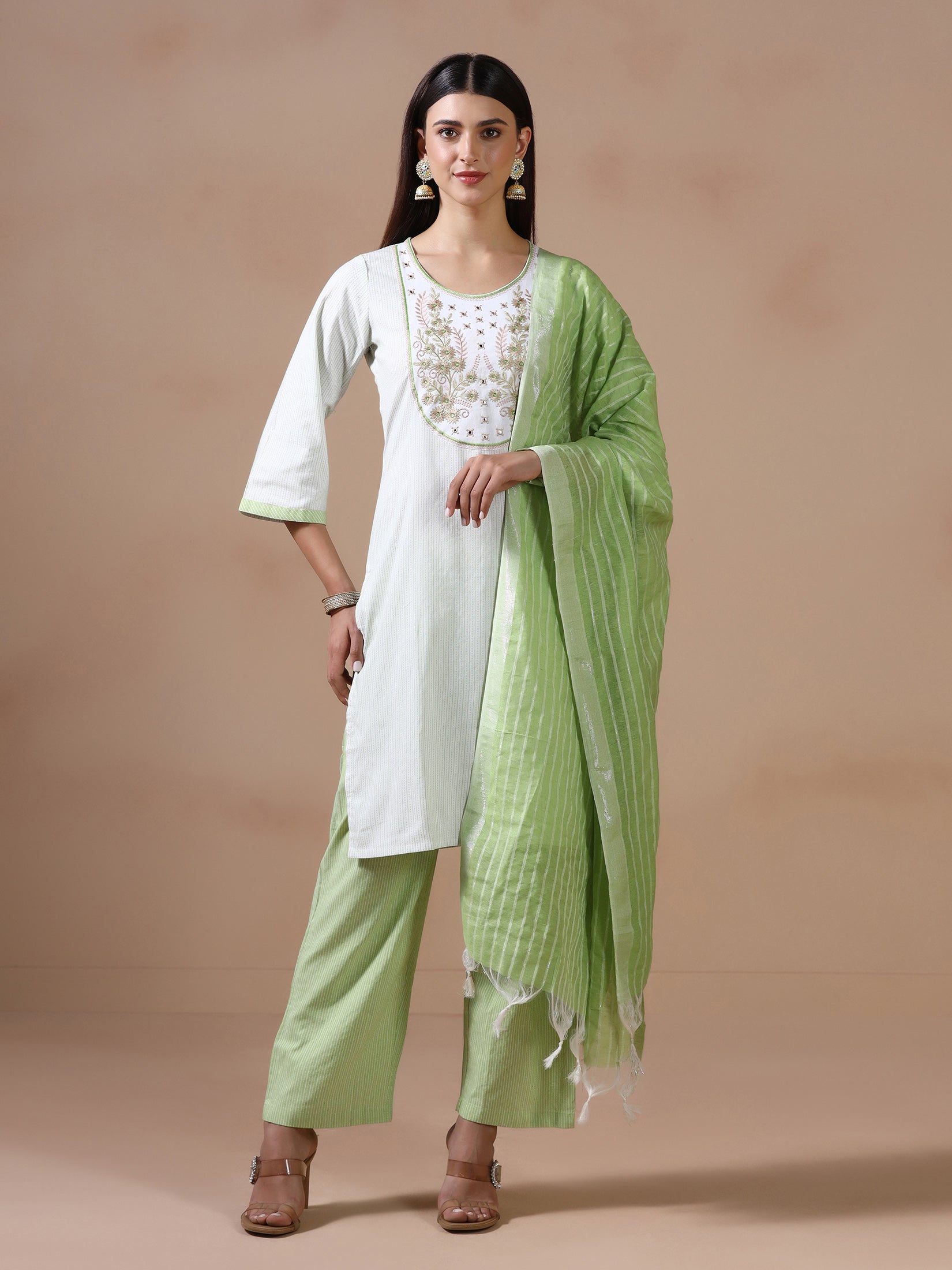 Women Poly Cotton Green Embroidered Yarn Dyed Kurta Comfort Pant Dupatta