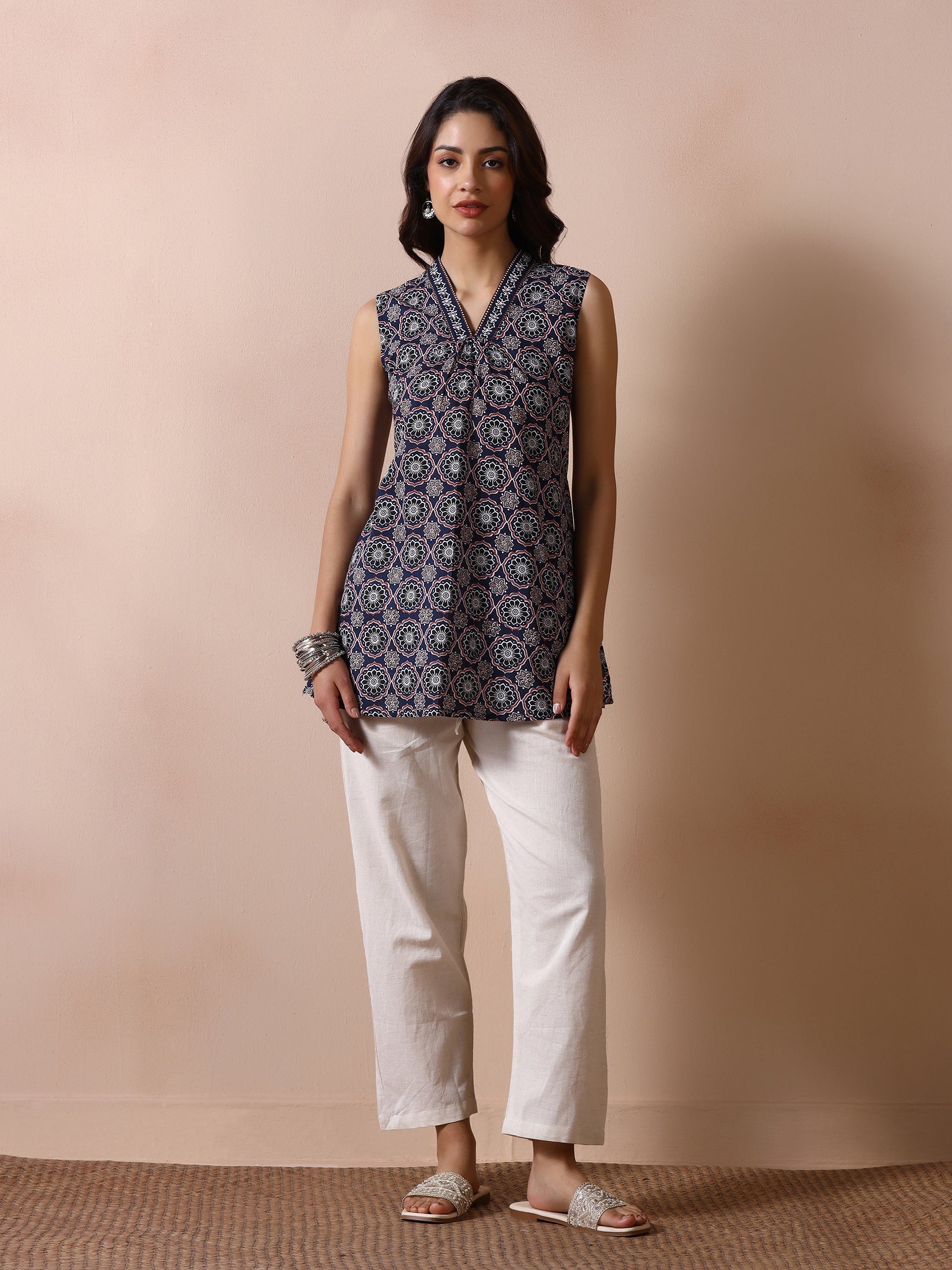 Women Cotton Navy Blue Printed Tunic