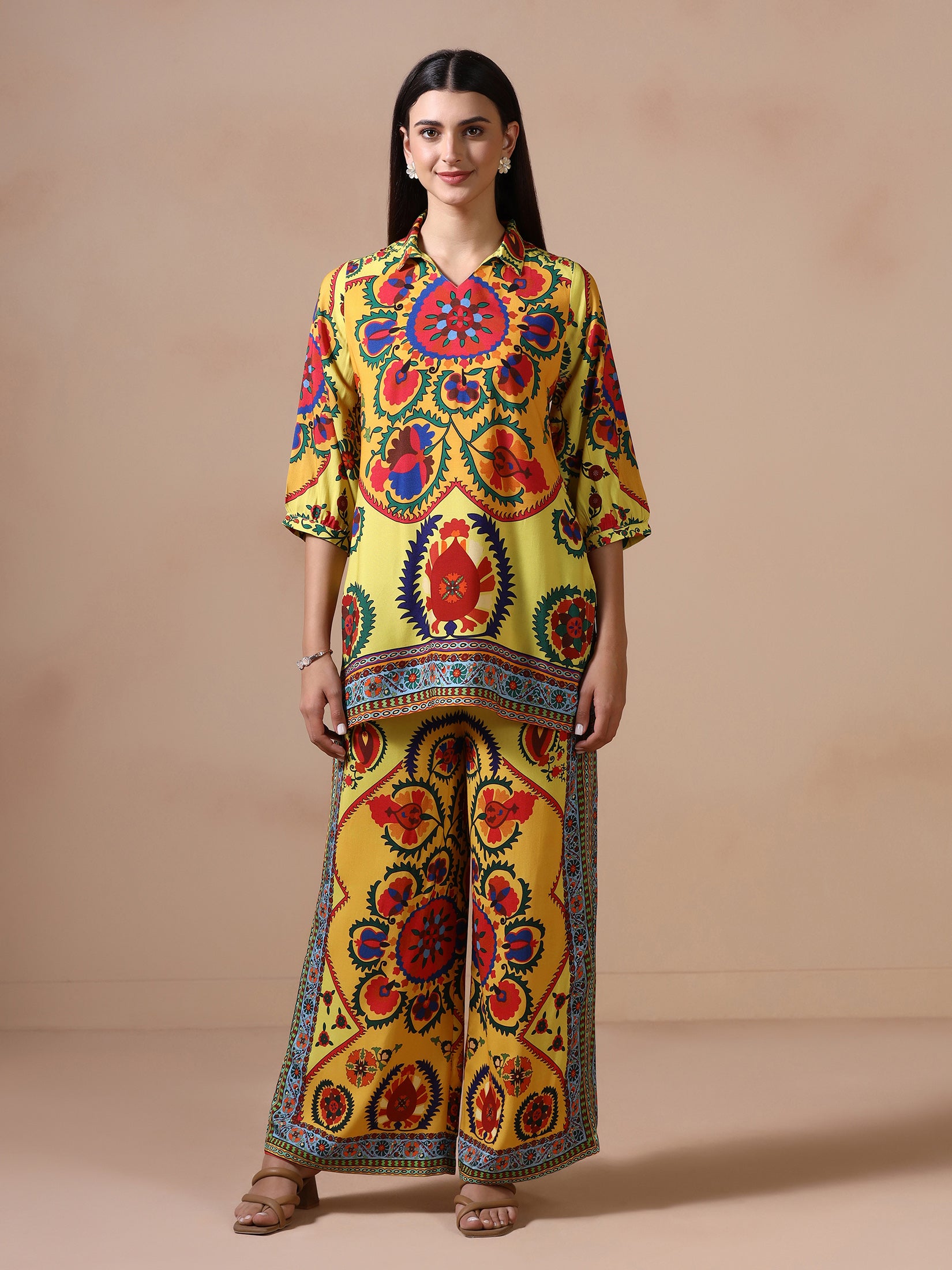 Women Liva Yellow Printed Co Ord Set