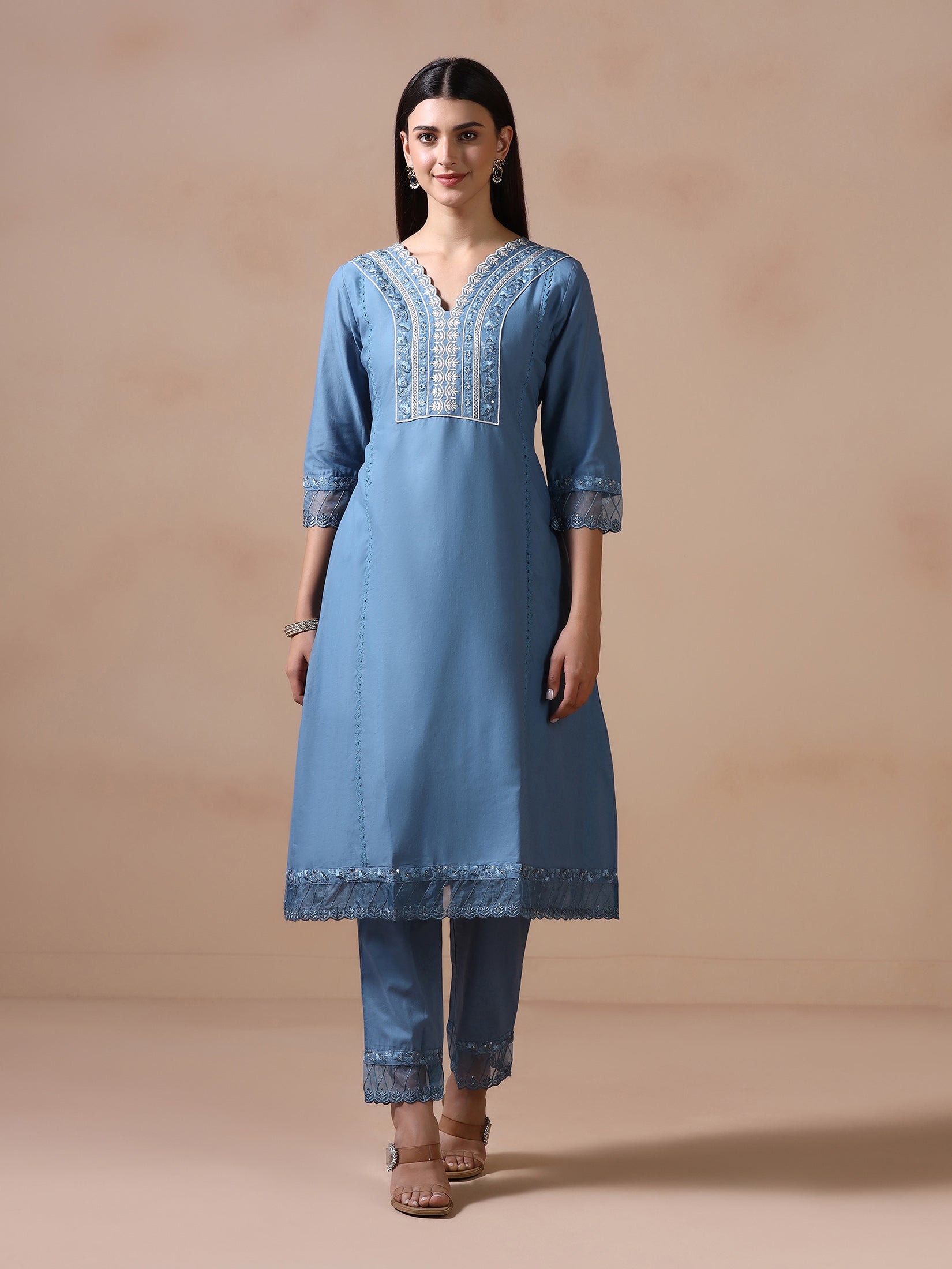 Women Cotton Blue Embroidered Kurta Comfort Pant Dupatta
