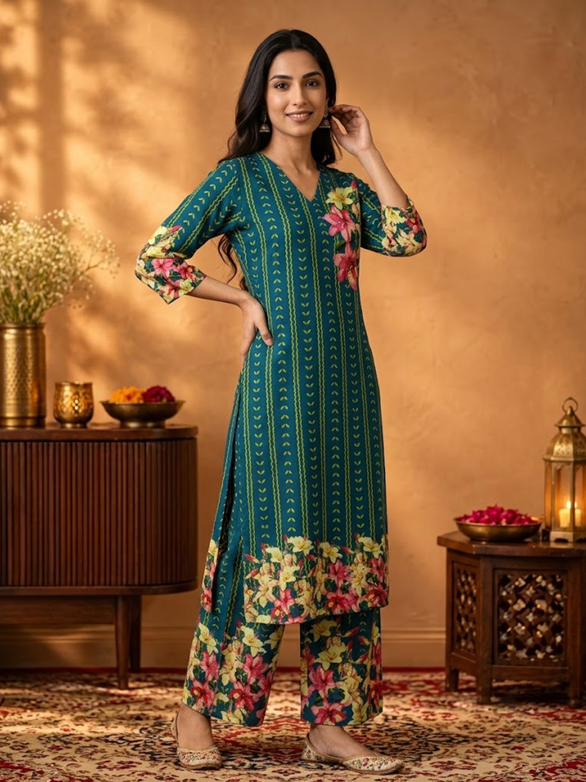 Women Teal Green Rayon Floral Kurta Comfort Pant Dupatta