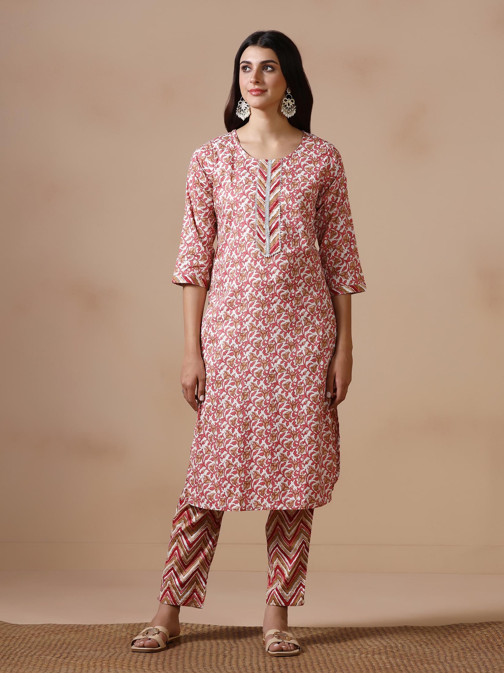 Women Cotton Maroon Printed Kurta Trouser Dupatta.
