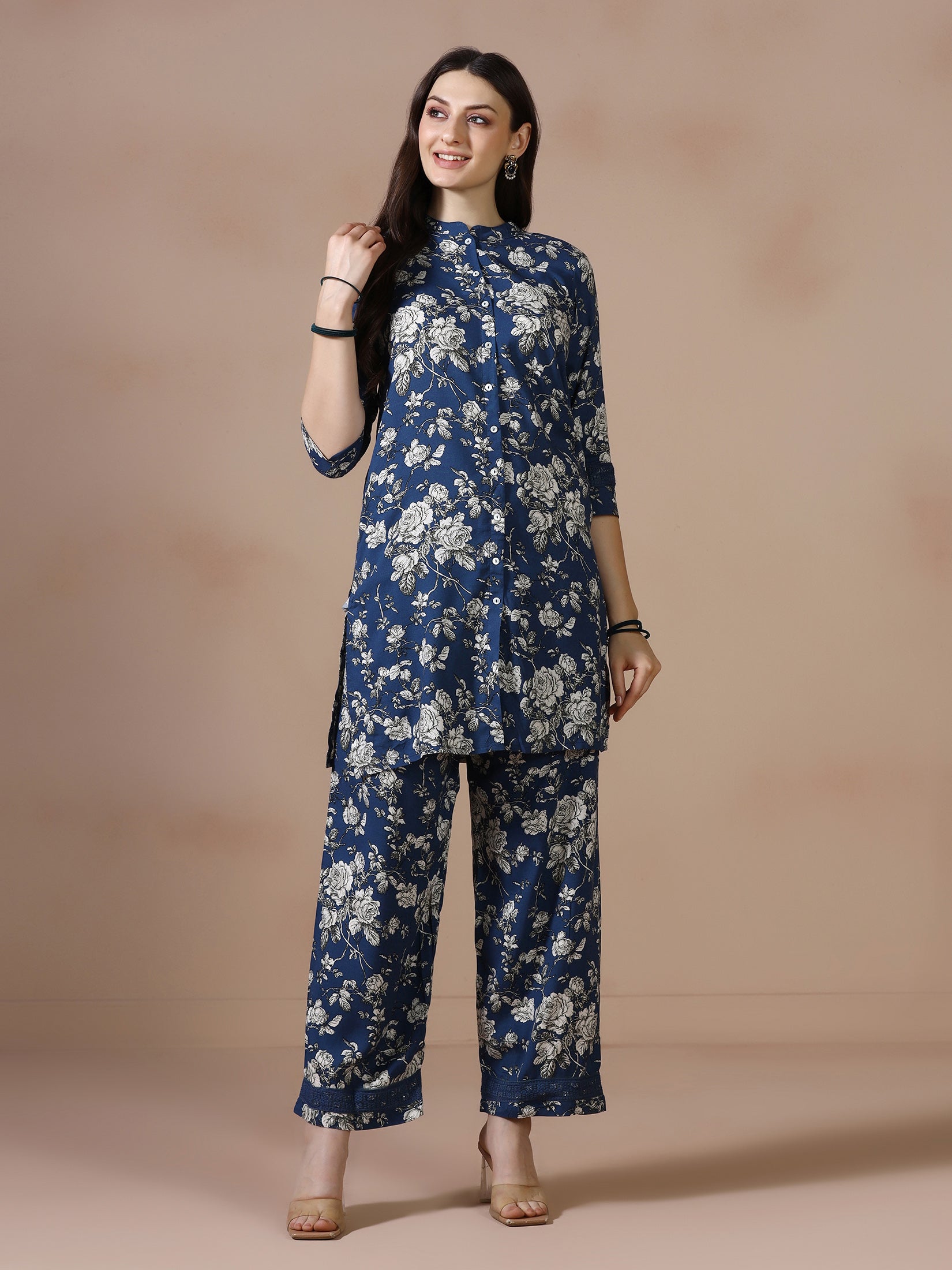 Women Liva Indigo Printed Co Ord Set