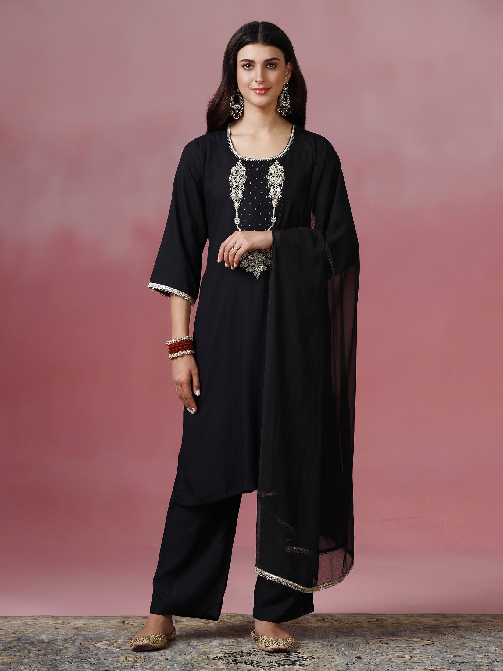 Women Liva Black Embroidered Kurta Comfort Pant Dupatta