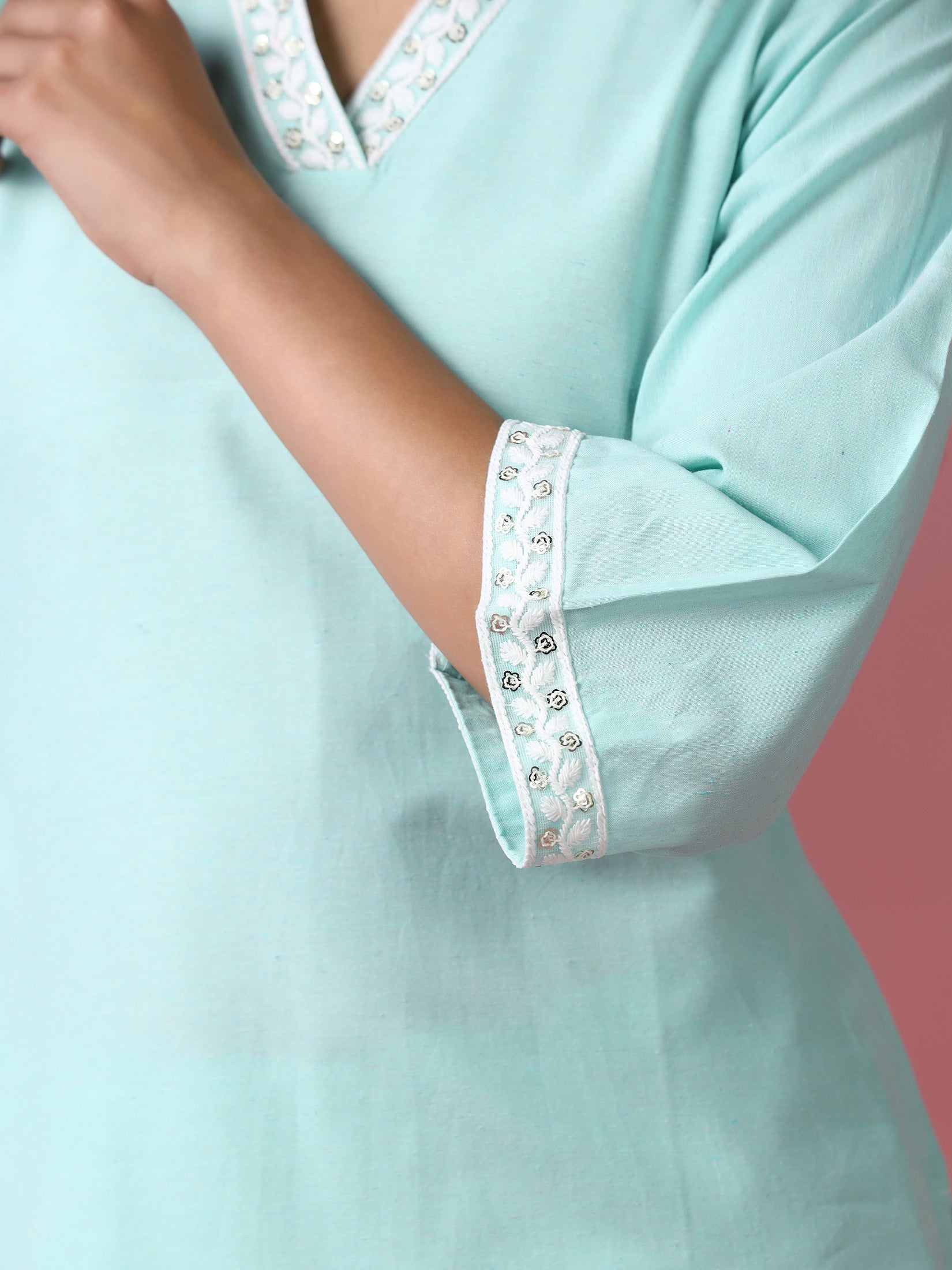 Women Poly Cotton Green Embroidered Kurta With Comfort Pant