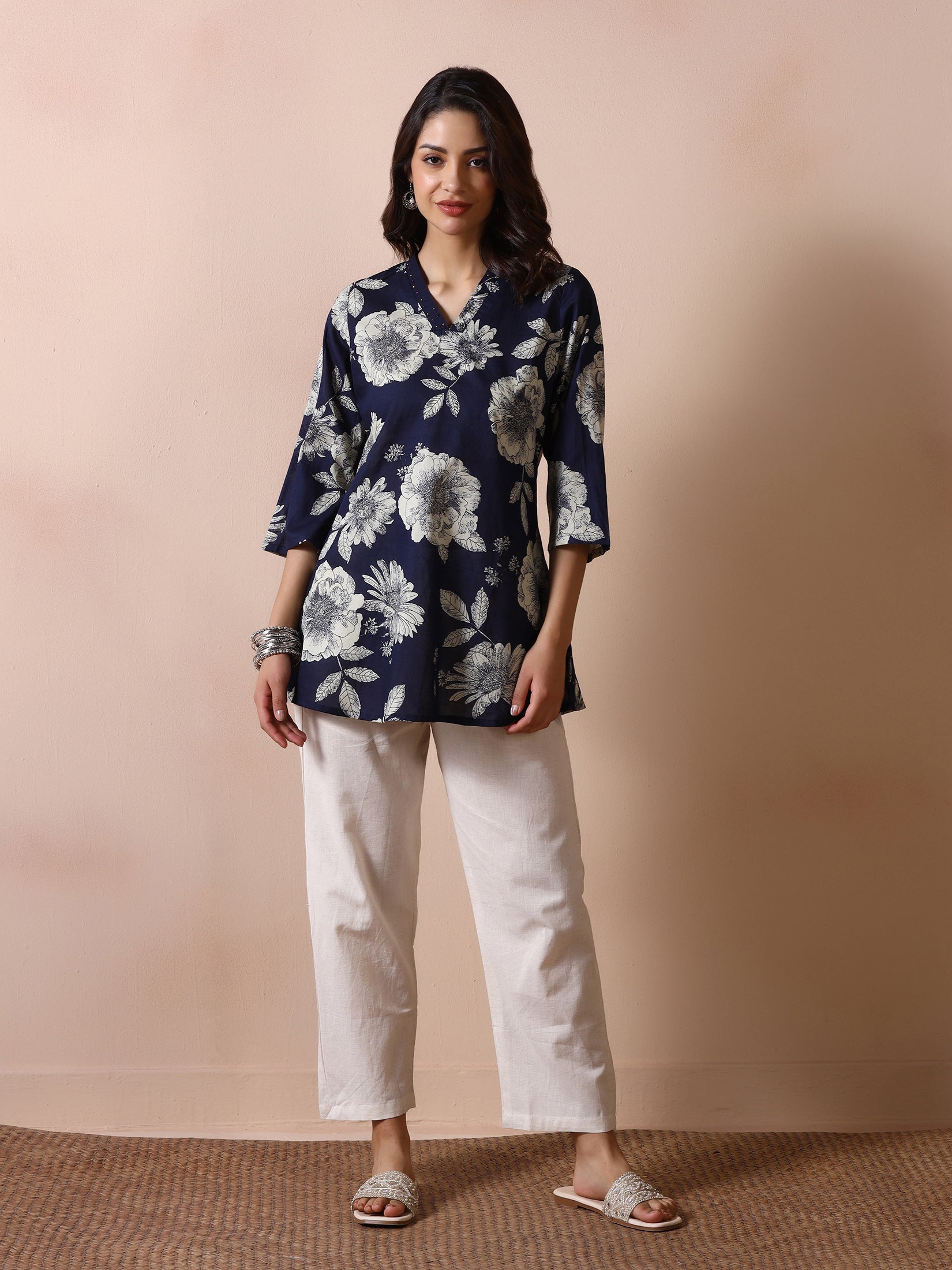 Women Navy Blue Cotton Printed Tunic