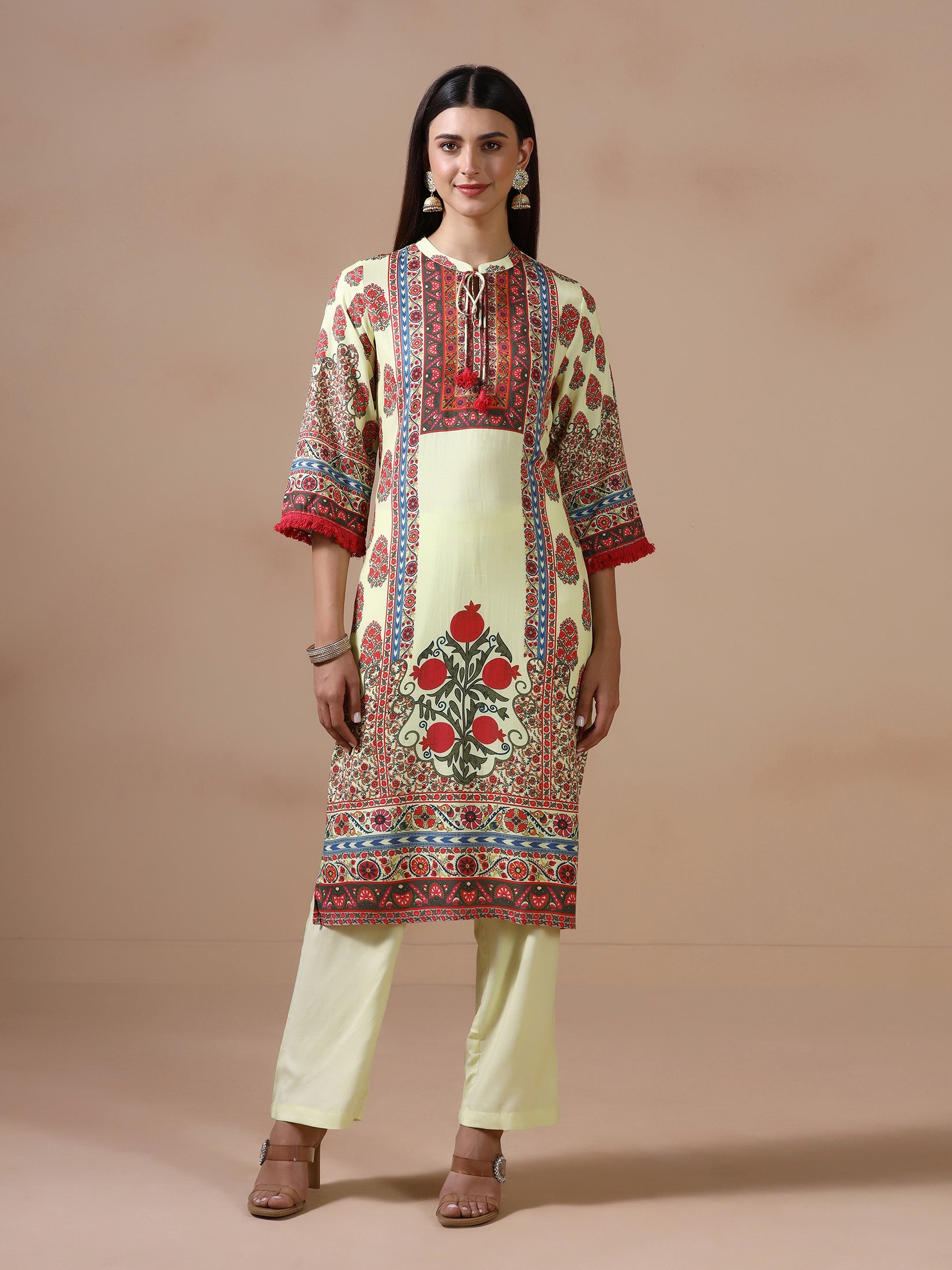 Women Liva Lime Yellow Printed Kurta Comfort Pant Dupatta