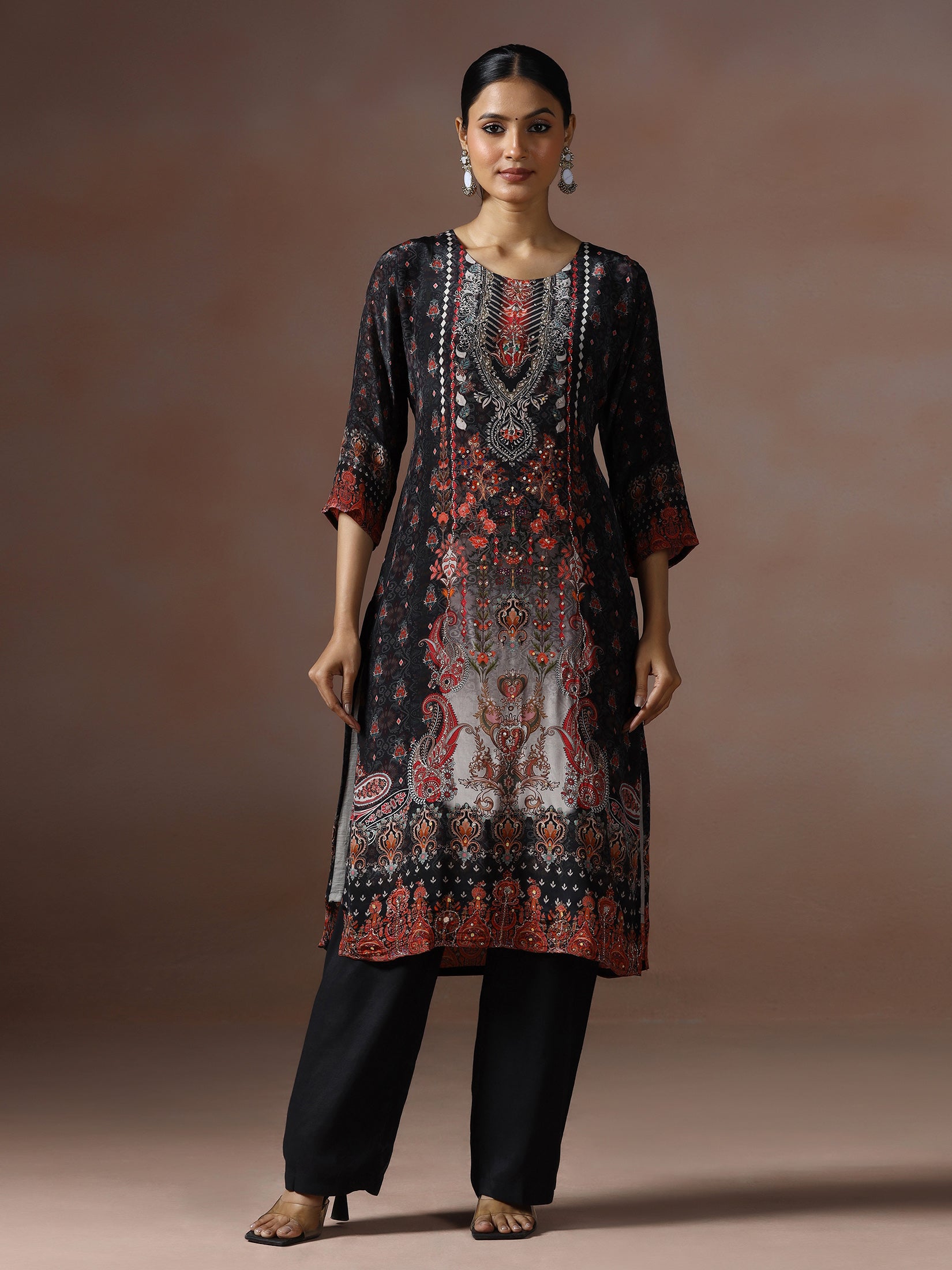 Women Natural Crepe Black Printed Kurta Comfort Pant Dupatta