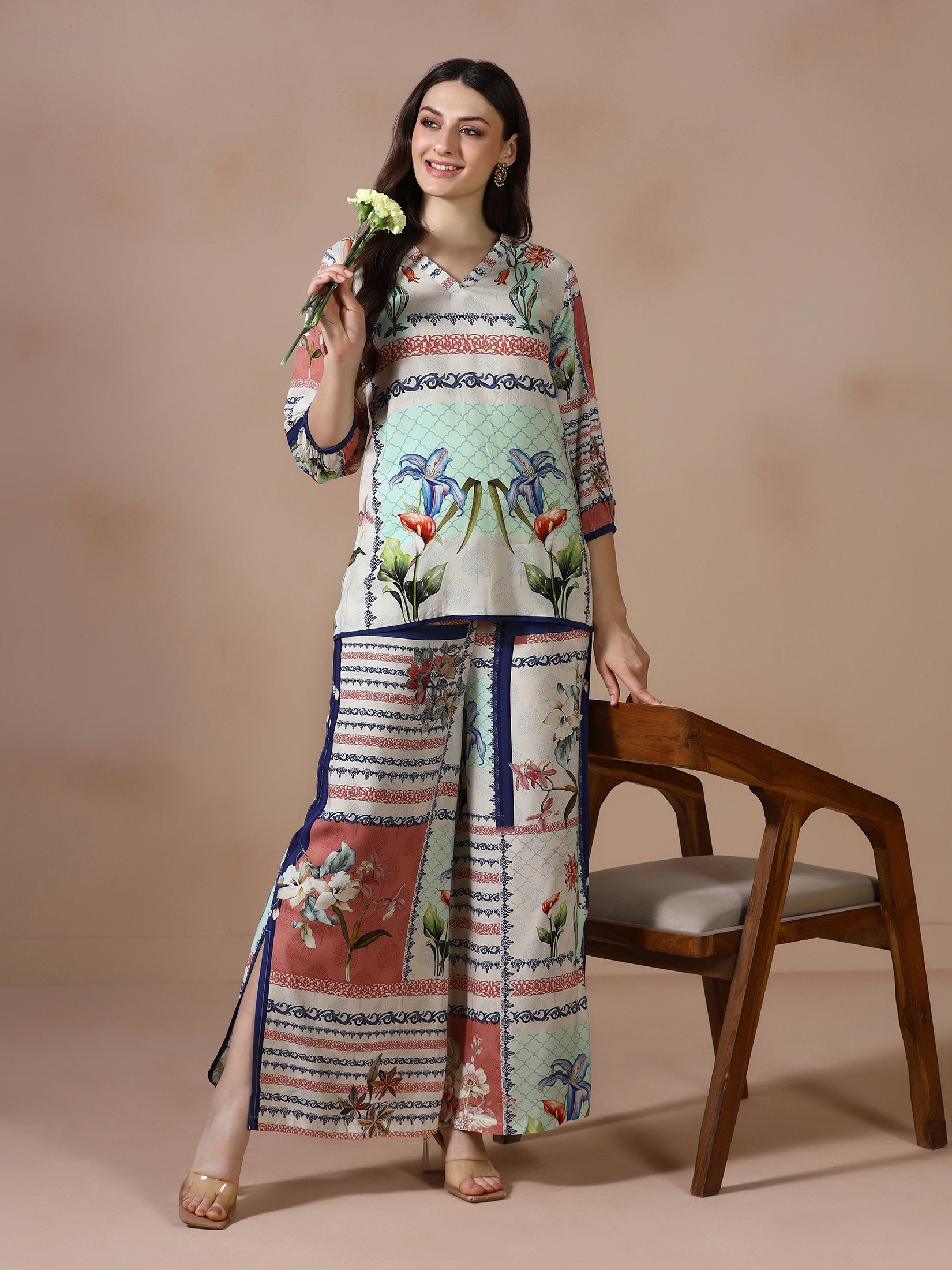 Women Liva Beige Printed Co Ord Set
