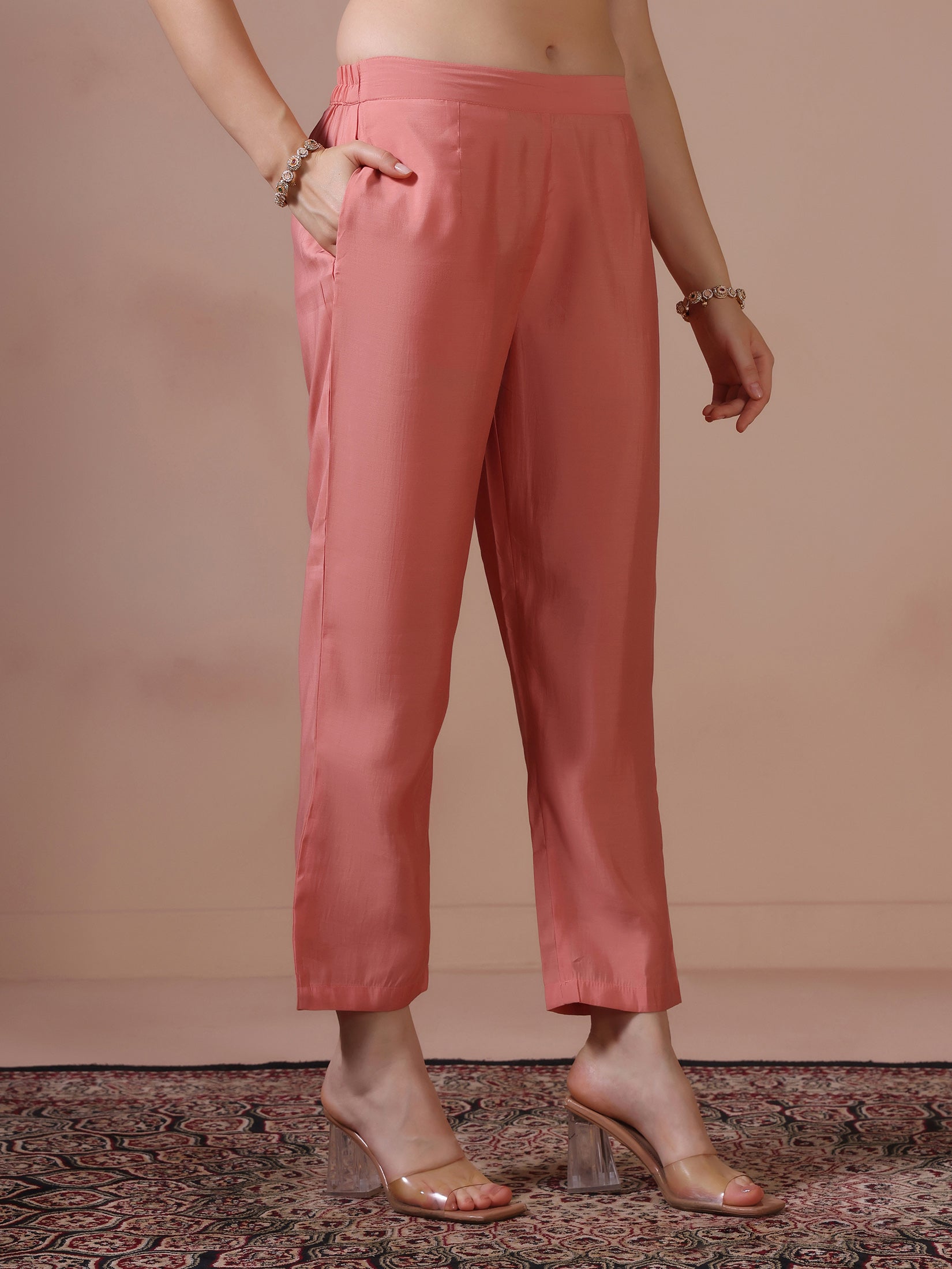 Women Mul Chanderi Peach Embroidered Kurta Trouser Dupatta