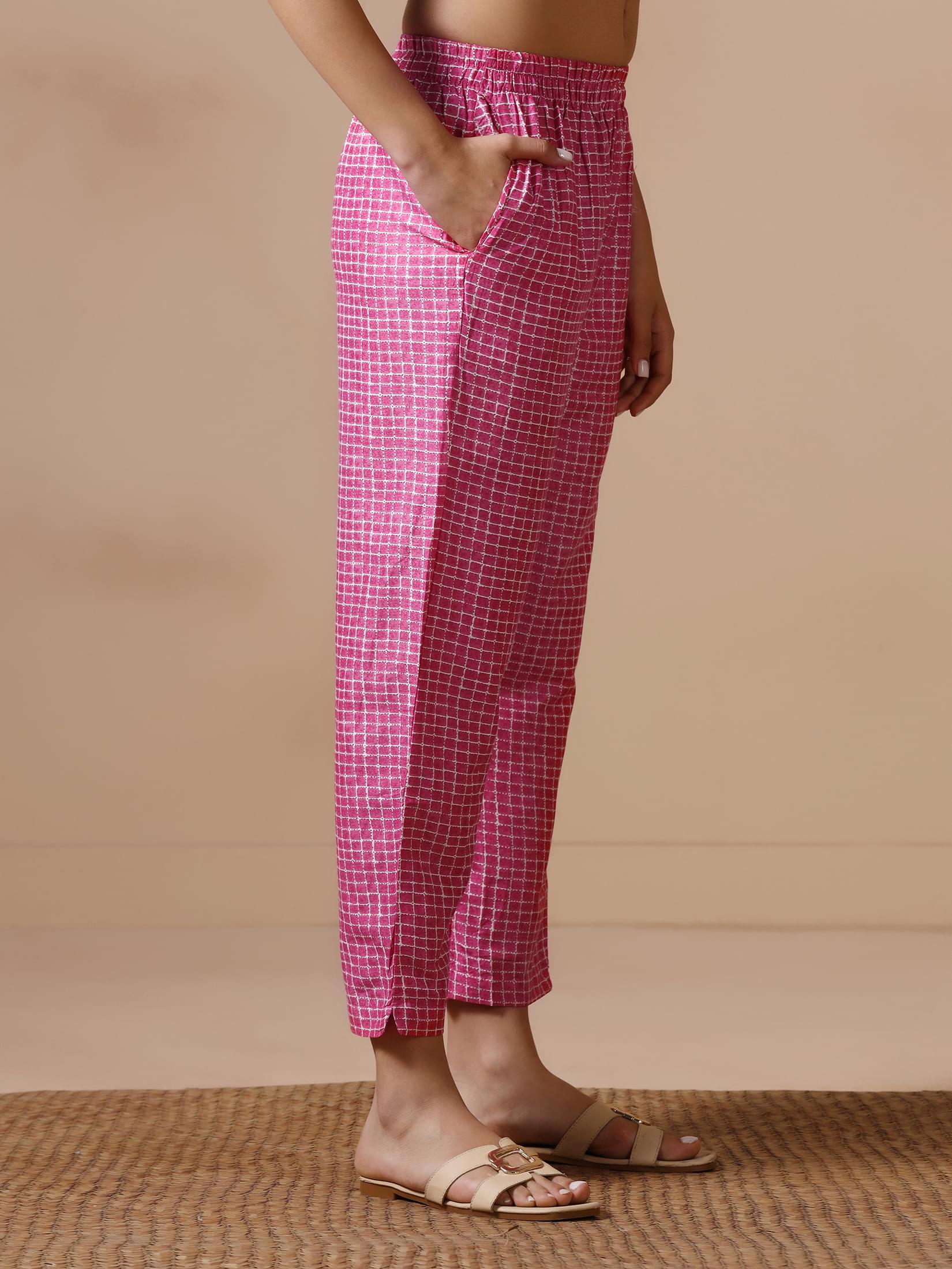 Women Cotton Fuchsia Printed Kurta Trouser Dupatta.