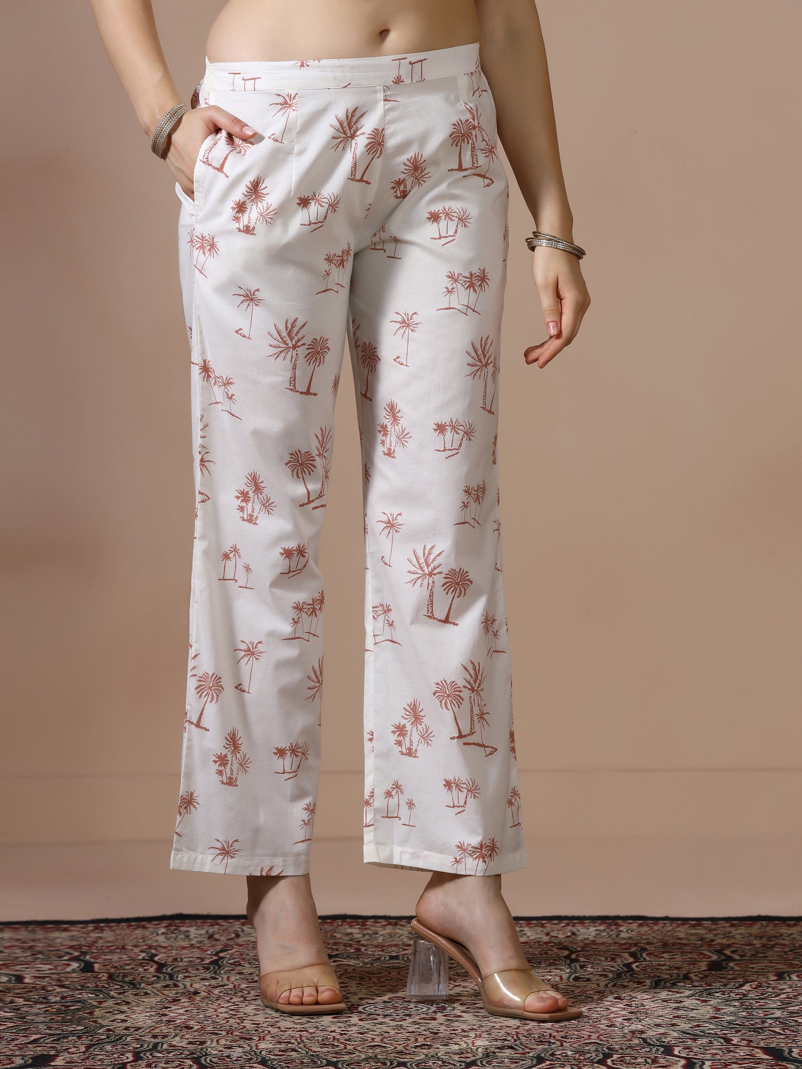 Women Cotton Off White Printed Kurta With Comfort Pant