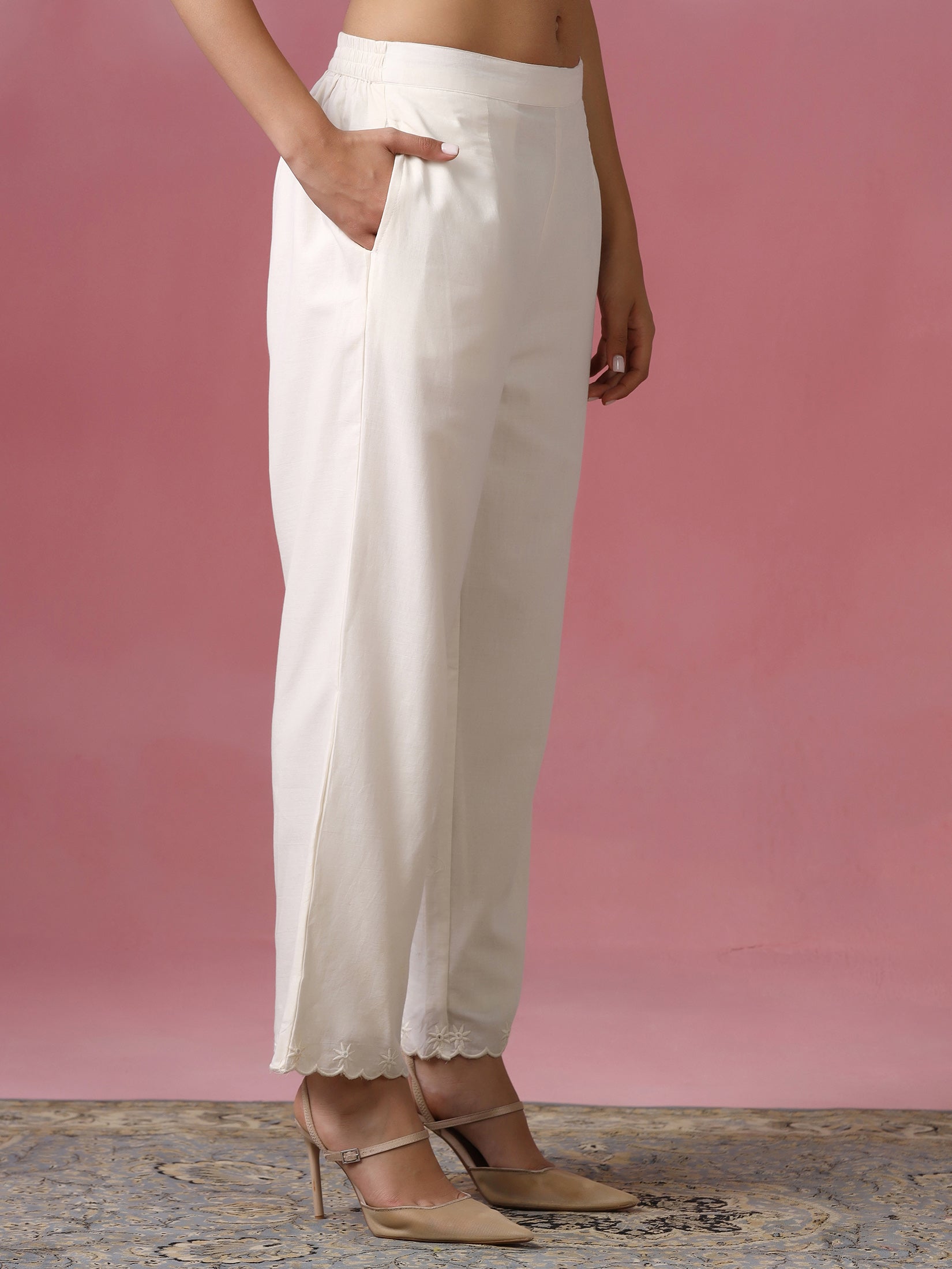 Women Cotton Off White With Embroidered Work Co Ord Set