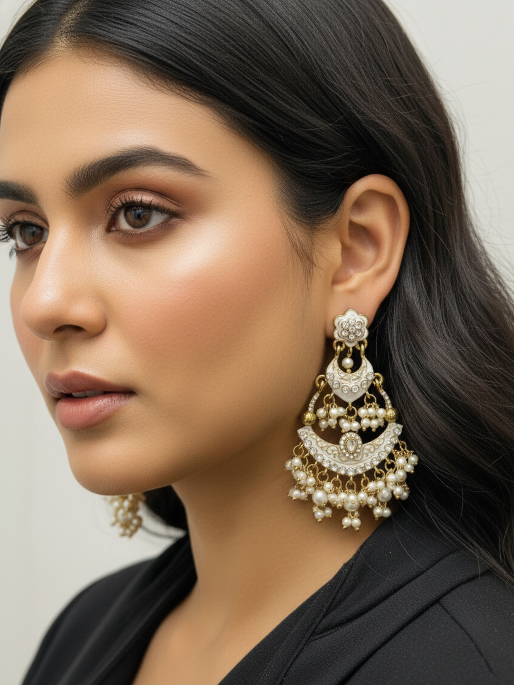 Tiered Polki Chaandbali With Pearl Jhumkas