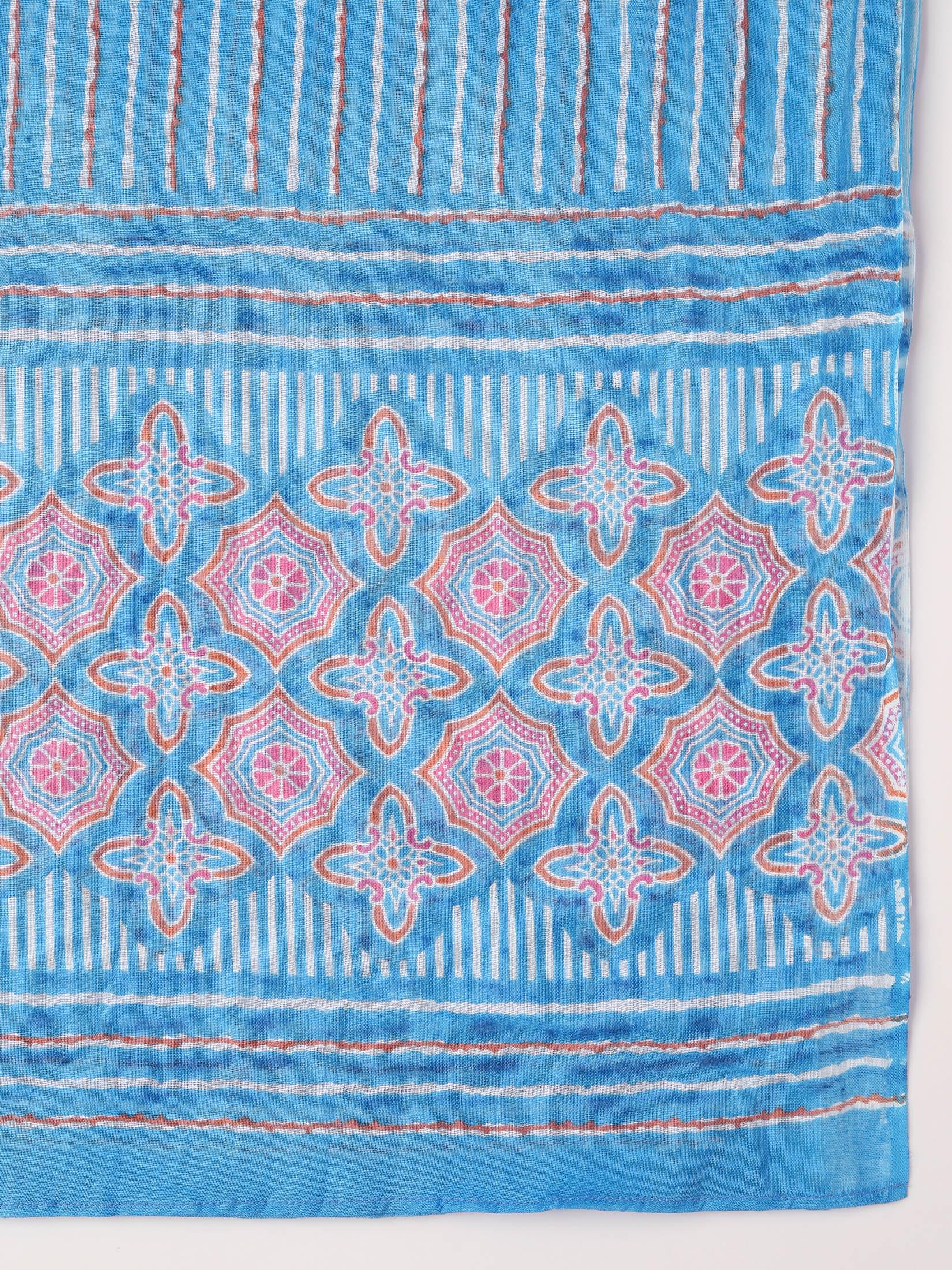 Women Cotton Blue Printed Kurta Trouser With Dupatta.