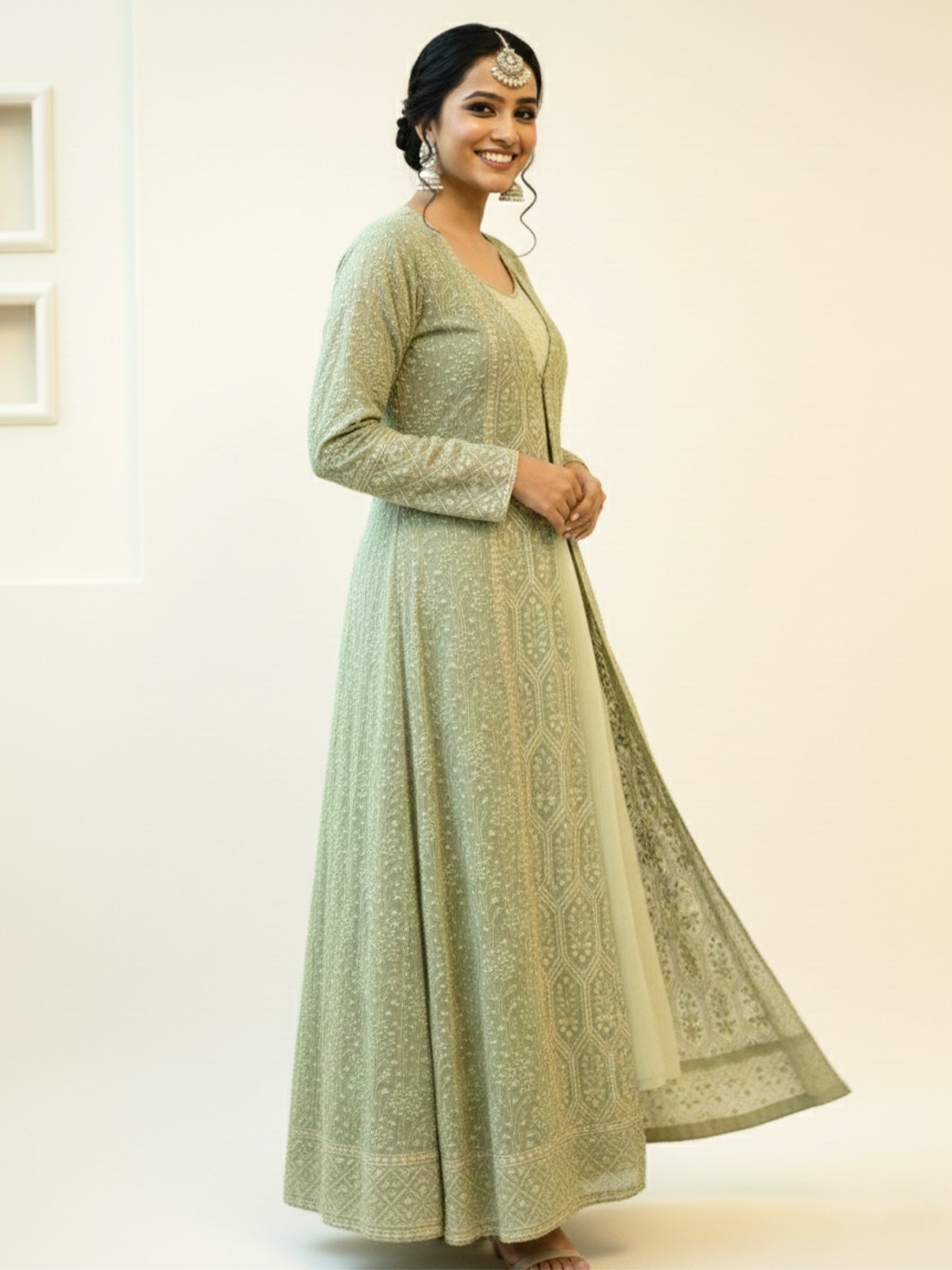 Women Green Georgette Embroidered Fit And Flare Dress