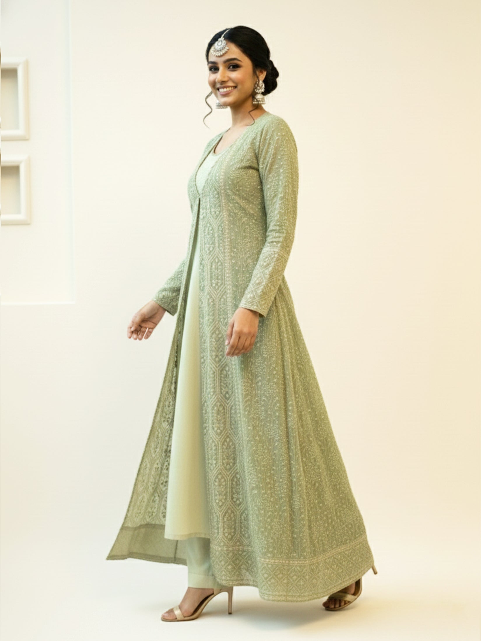 Women Green Georgette Embroidered Fit And Flare Dress