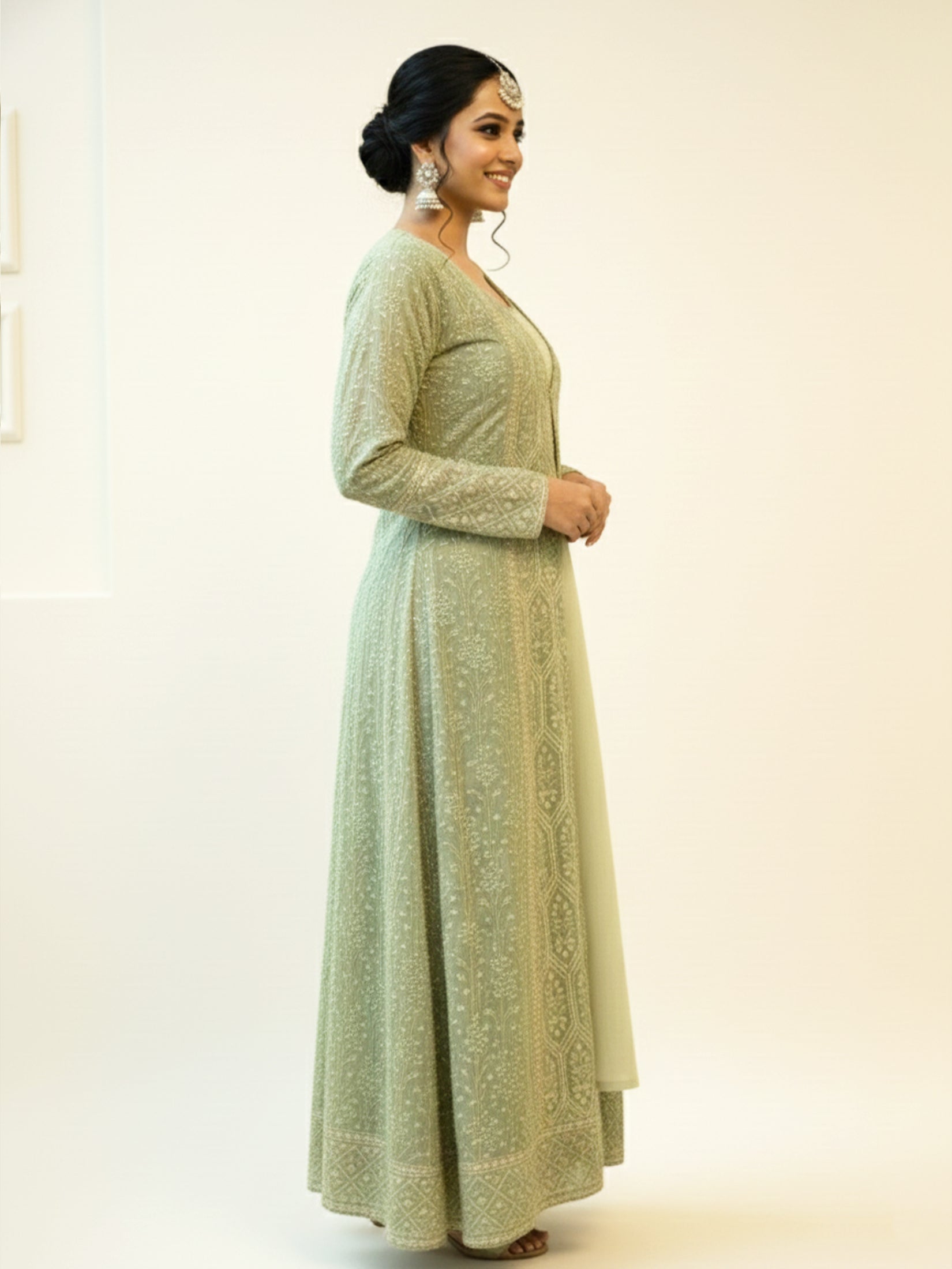 Women Green Georgette Embroidered Fit And Flare Dress