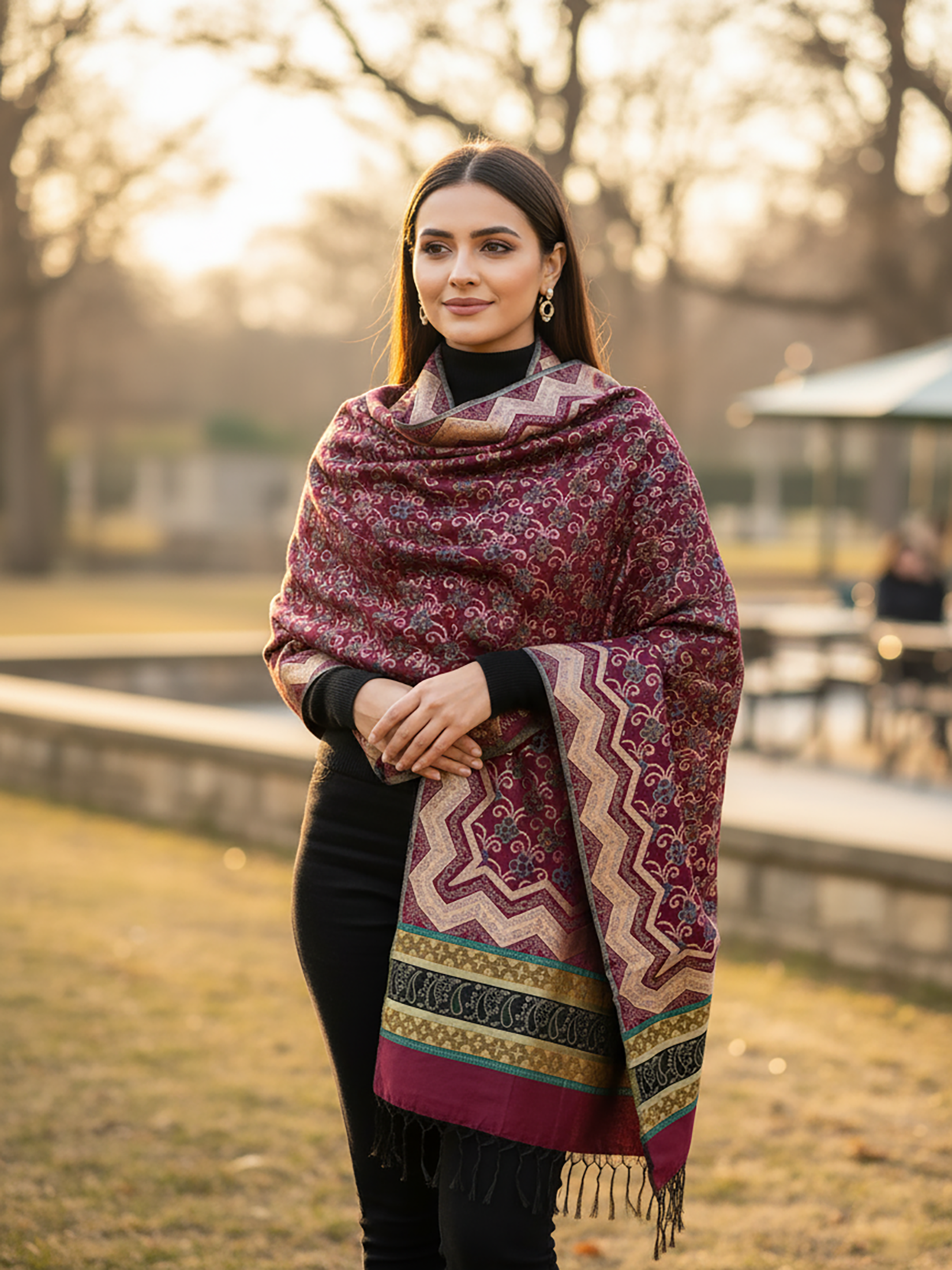 Winter Wear - Stylish Burgundy Acrylic Stole For Women