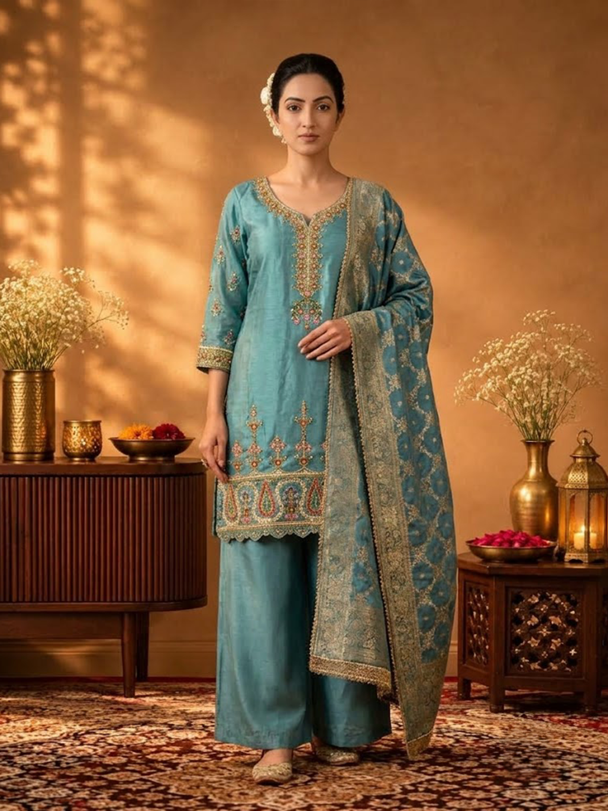 Women Steel Blue Viscose Jacquard Adda Work Kurta Wide Leg Pant Dupatta