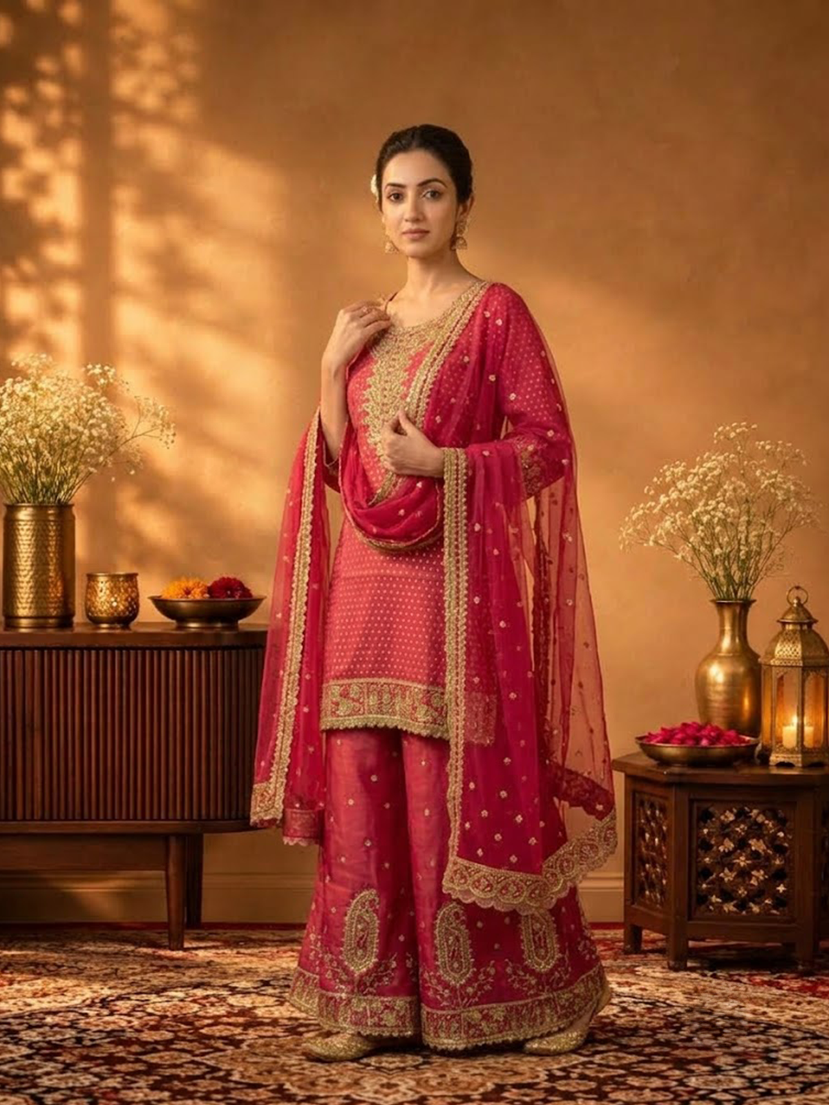 Women Pink Viscose Jacquard Adda Work Kurta Palazzo Dupatta
