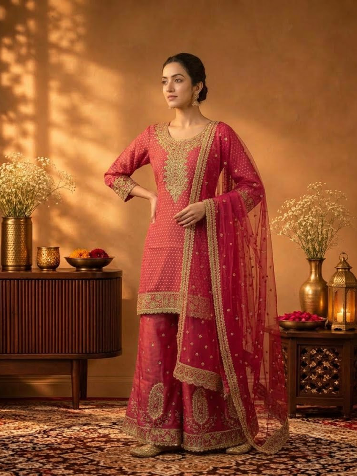 Women Pink Viscose Jacquard Adda Work Kurta Palazzo Dupatta