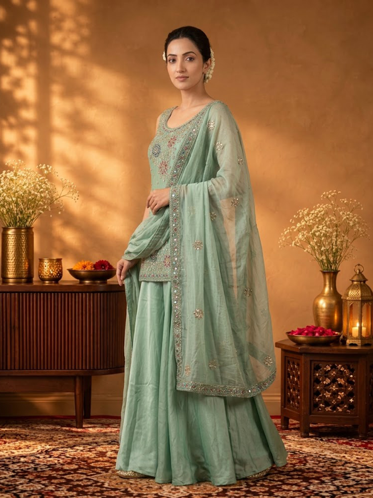 Women Aqua Blue Viscose Adda Work Crop Top Wide Leg Dupatta