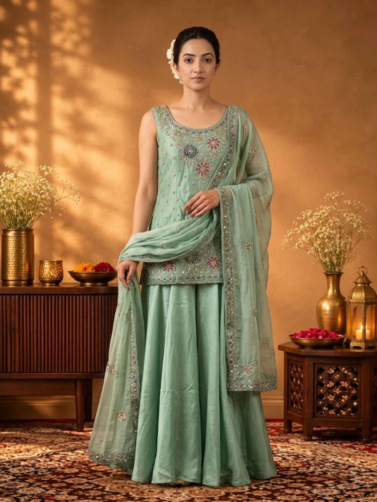 Women Aqua Blue Viscose Adda Work Crop Top Wide Leg Dupatta