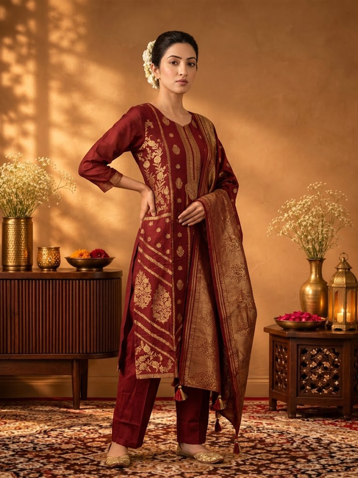 Women Dull Maroon Viscose Jacquard Kurta Comfort Pant Dupatta