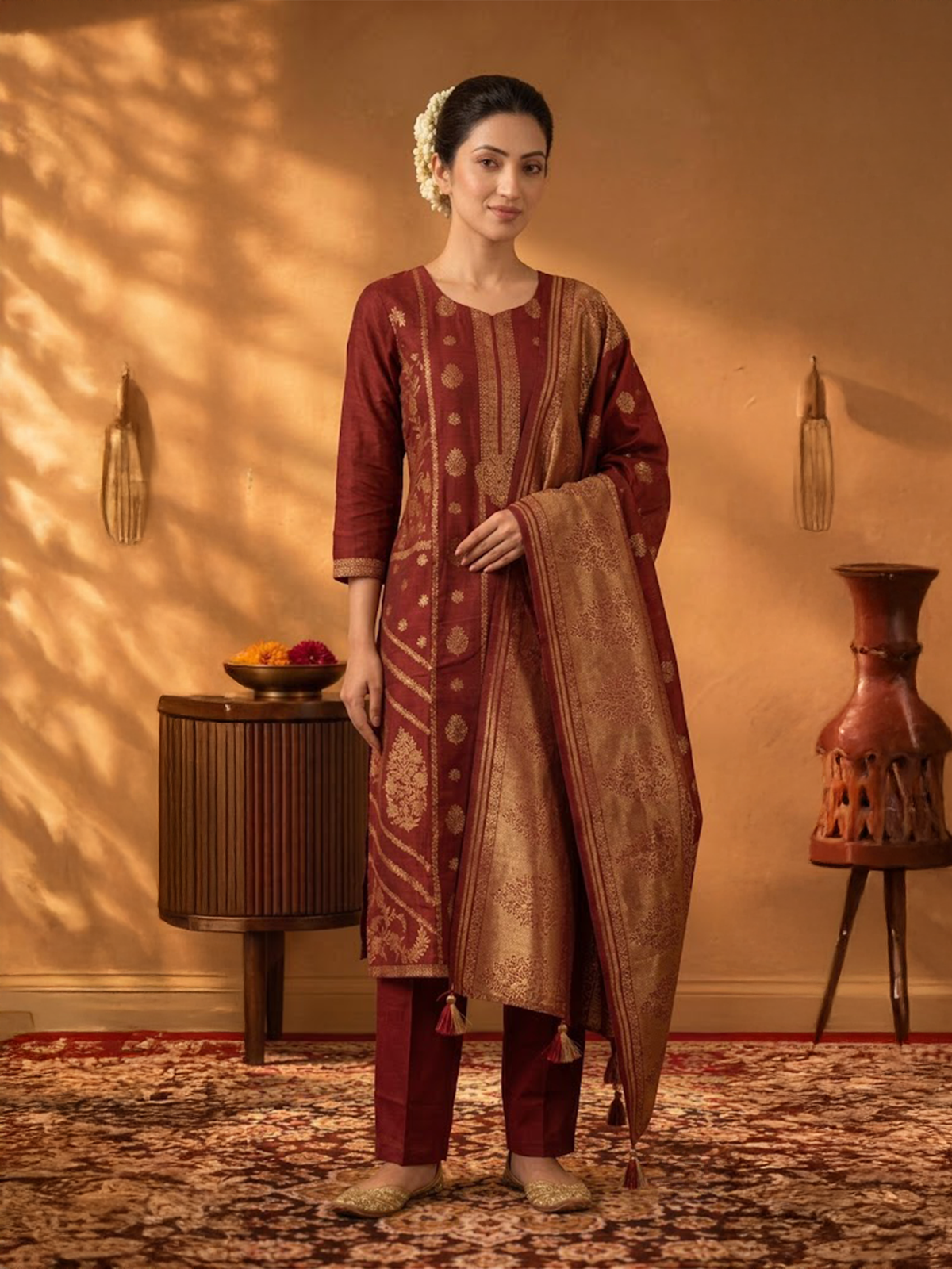 Women Dull Maroon Viscose Jacquard Kurta Comfort Pant Dupatta