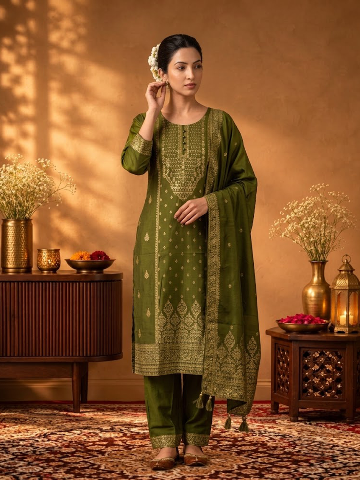Women Olive Viscose Jacquard Kurta Comfort Pant Dupatta
