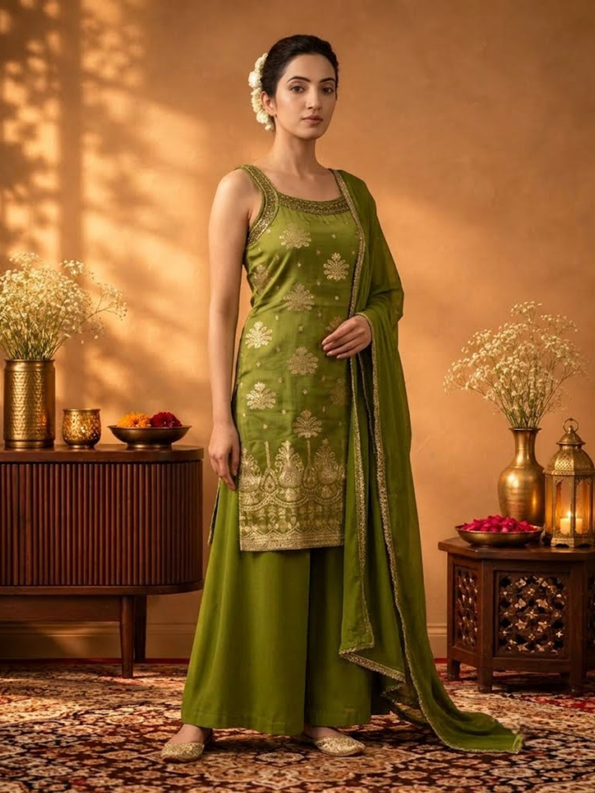 Women Pista Green Viscose Jacquard Adda Work Crop Top Wide Leg Dupatta