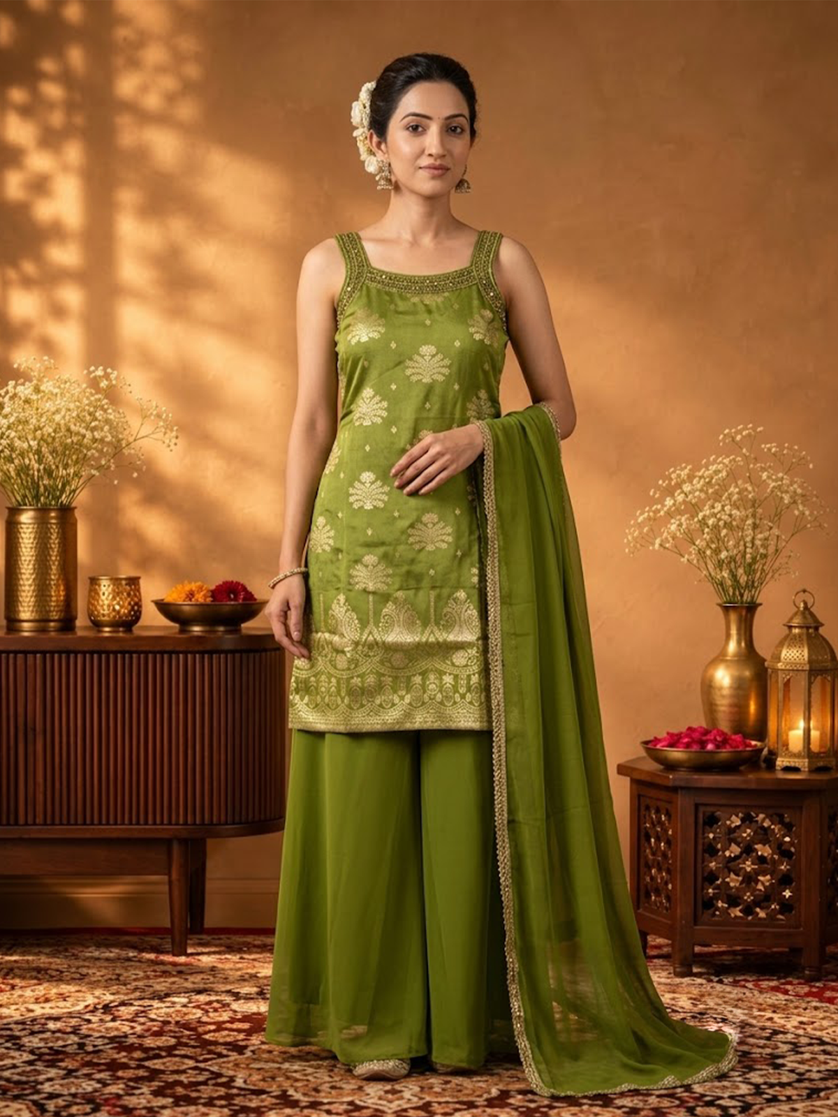 Women Pista Green Viscose Jacquard Adda Work Crop Top Wide Leg Dupatta