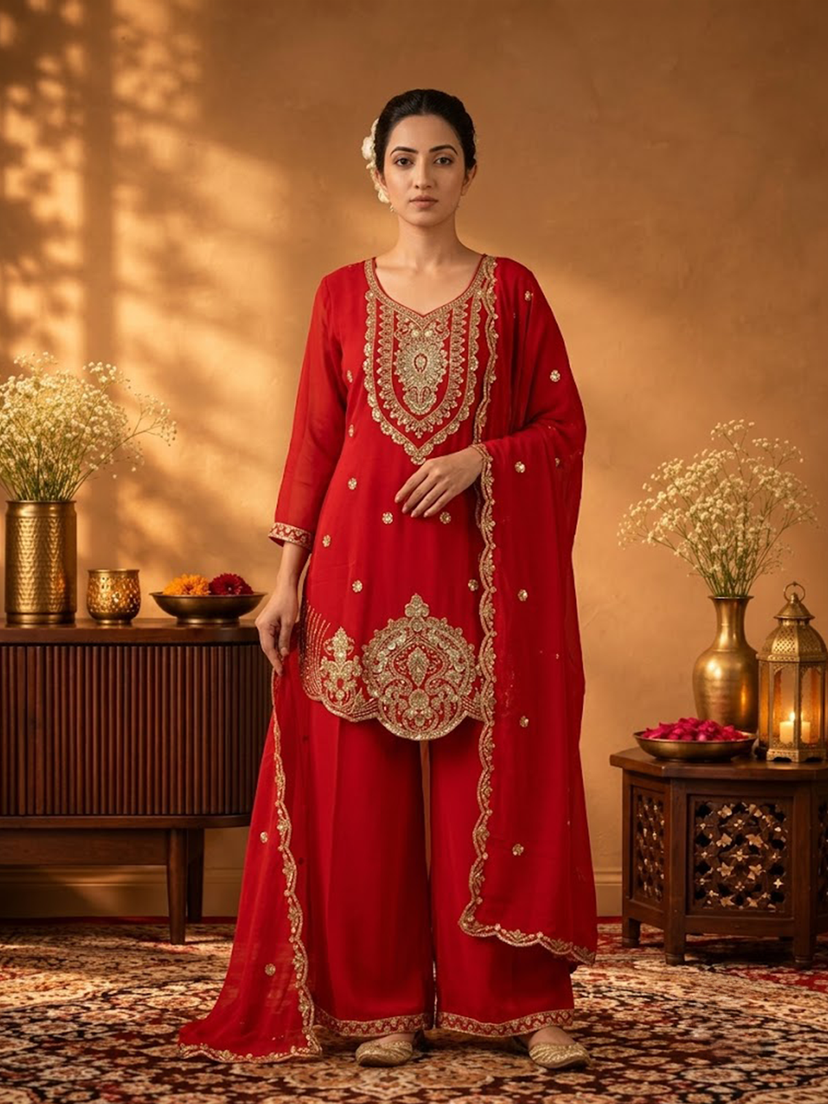 Women Rust Viscose Adda Work Kurta Palazzo Dupatta