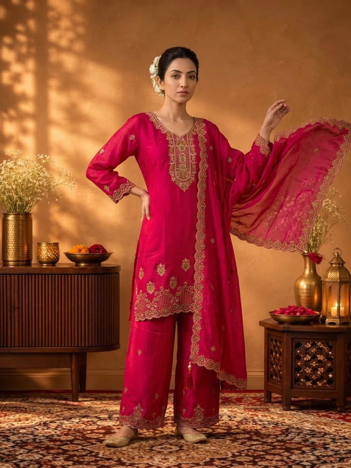 Women Hot Pink Viscose Embroidered Adda Work Kurta Palazzo Dupatta