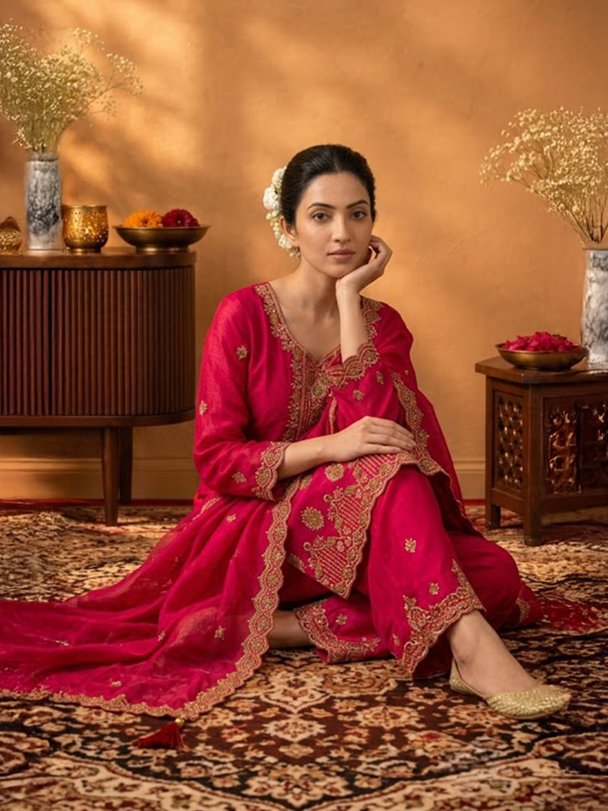 Women Hot Pink Viscose Embroidered Adda Work Kurta Palazzo Dupatta