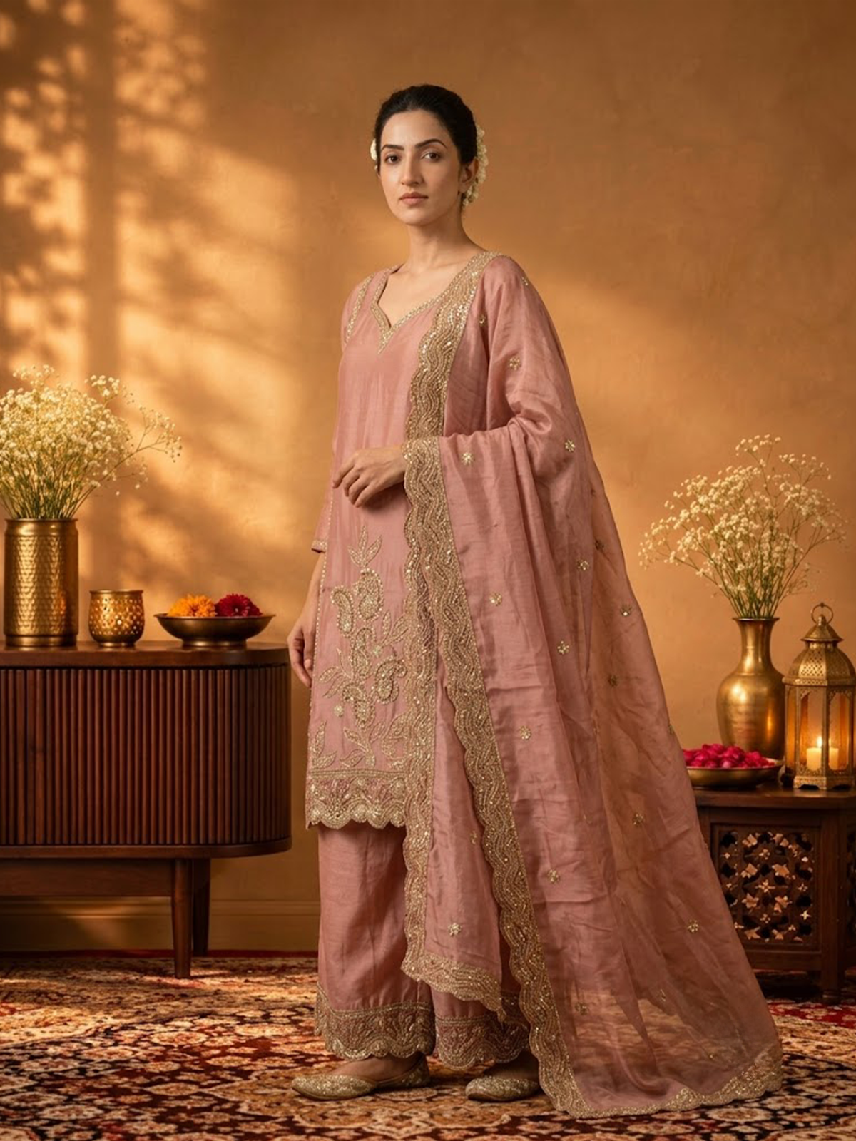 Women Soft Peach Viscose Embroidered Adda Work Kurta Panelled Sharara Dupatta