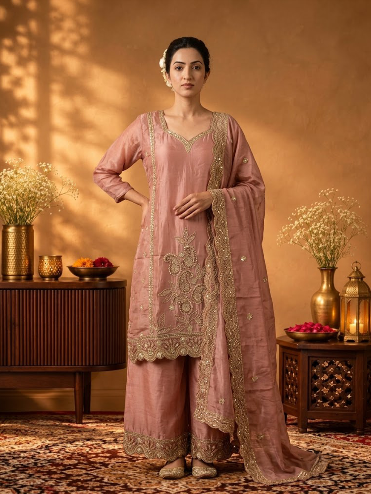 Women Soft Peach Viscose Embroidered Adda Work Kurta Panelled Sharara Dupatta