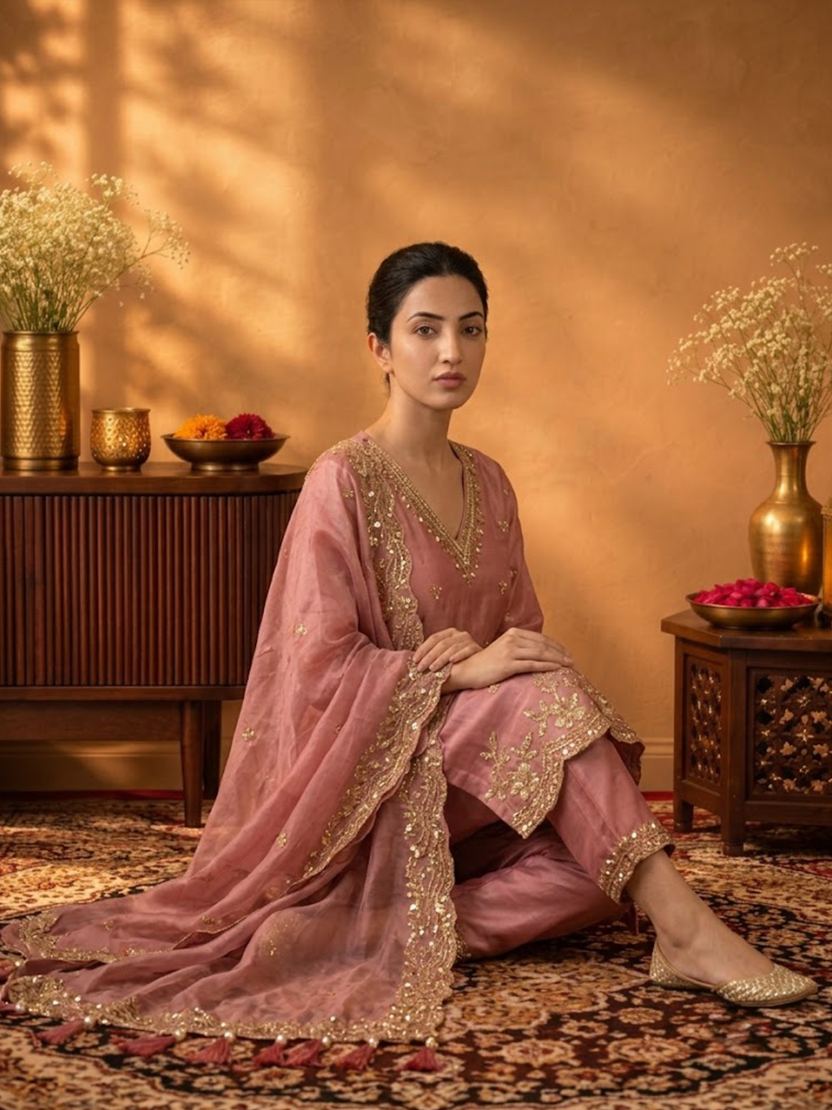 Women Candy Pink Viscose Adda Work Kurta Palazzo Dupatta