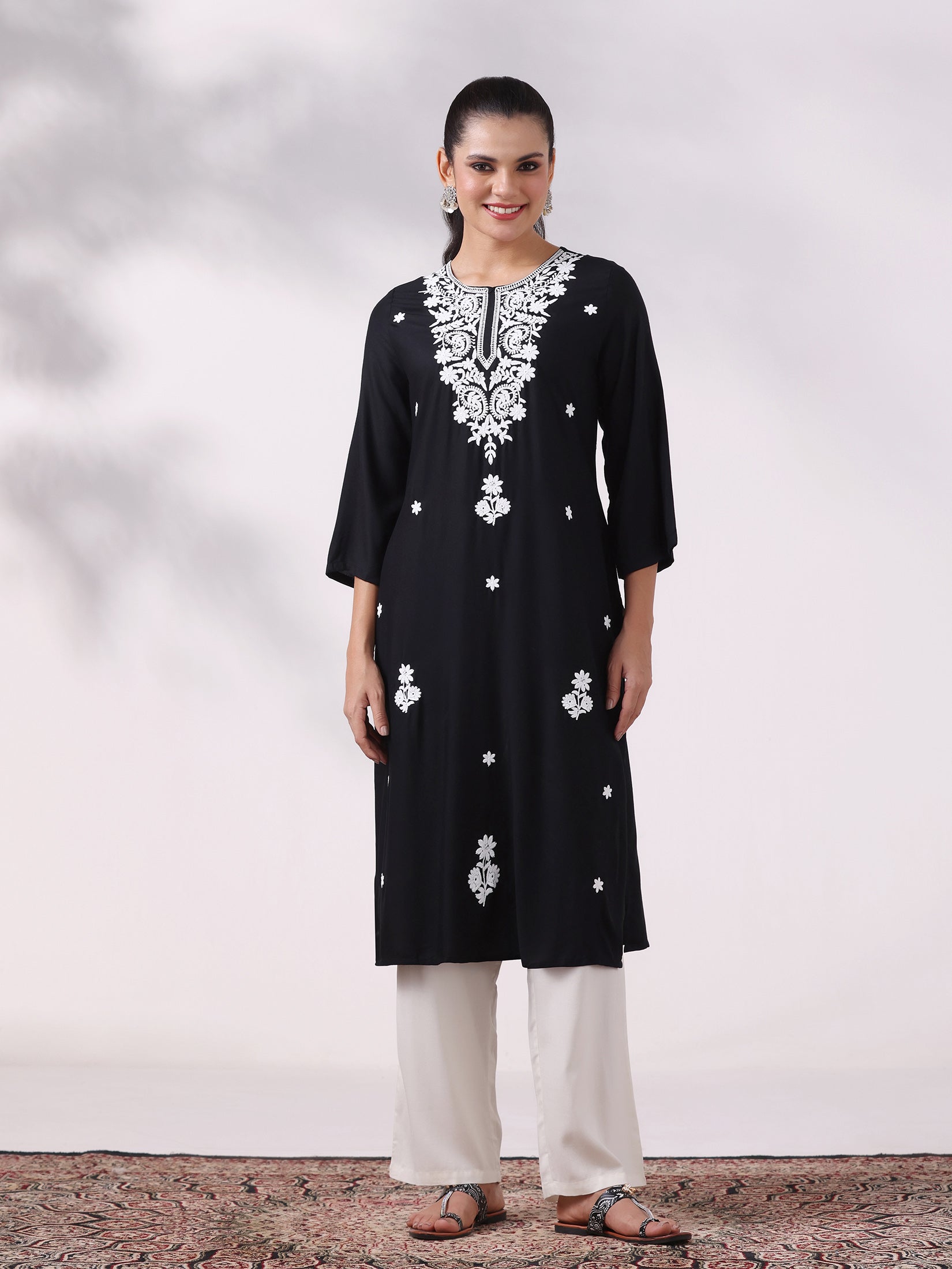 Women Liva Black Embroidered Kurta