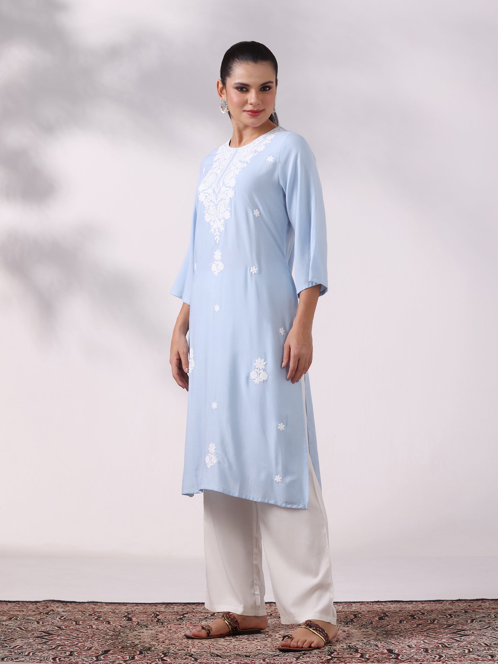Women Liva Blue Embroidered Kurta